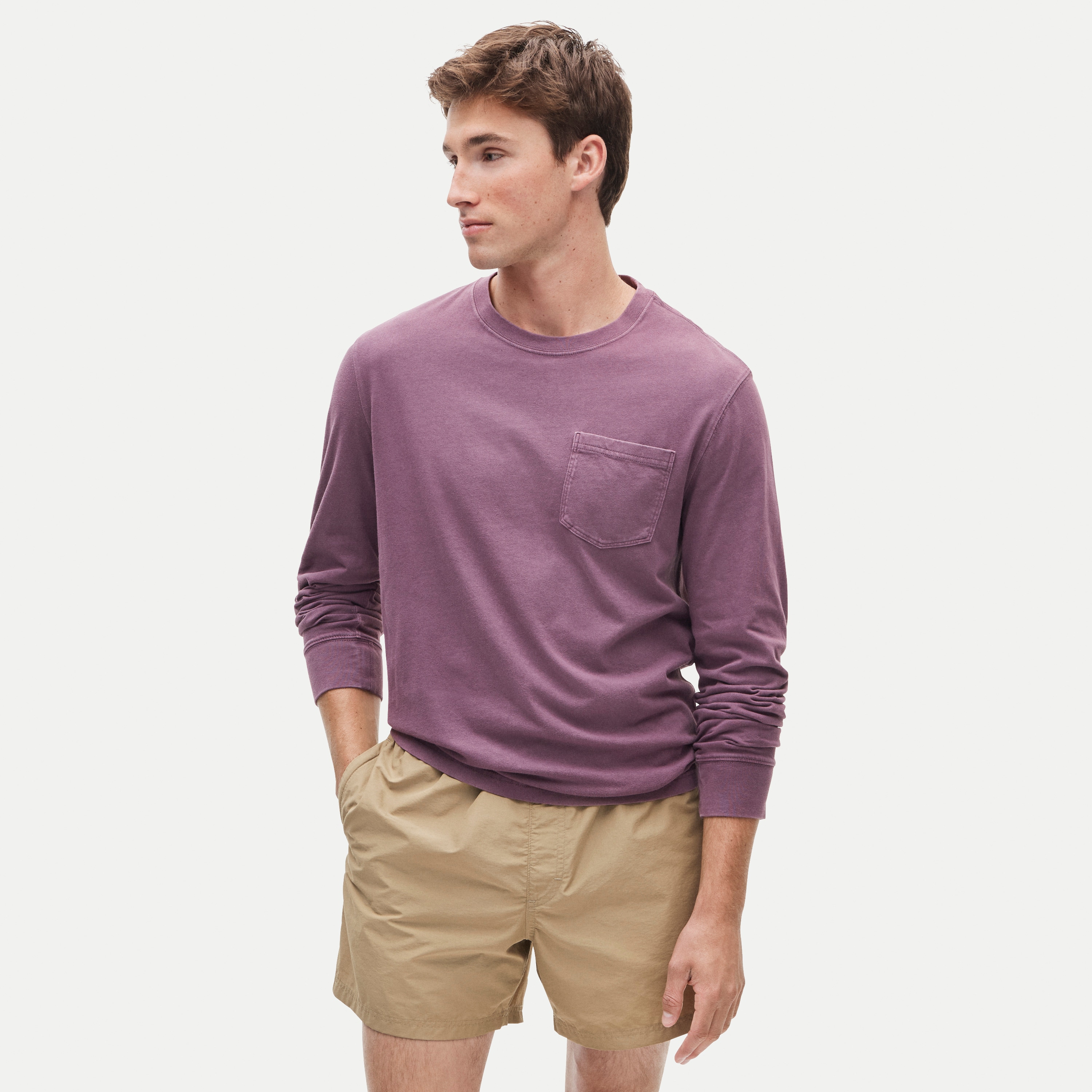 Long-sleeve vintage-wash cotton pocket T-shirt
