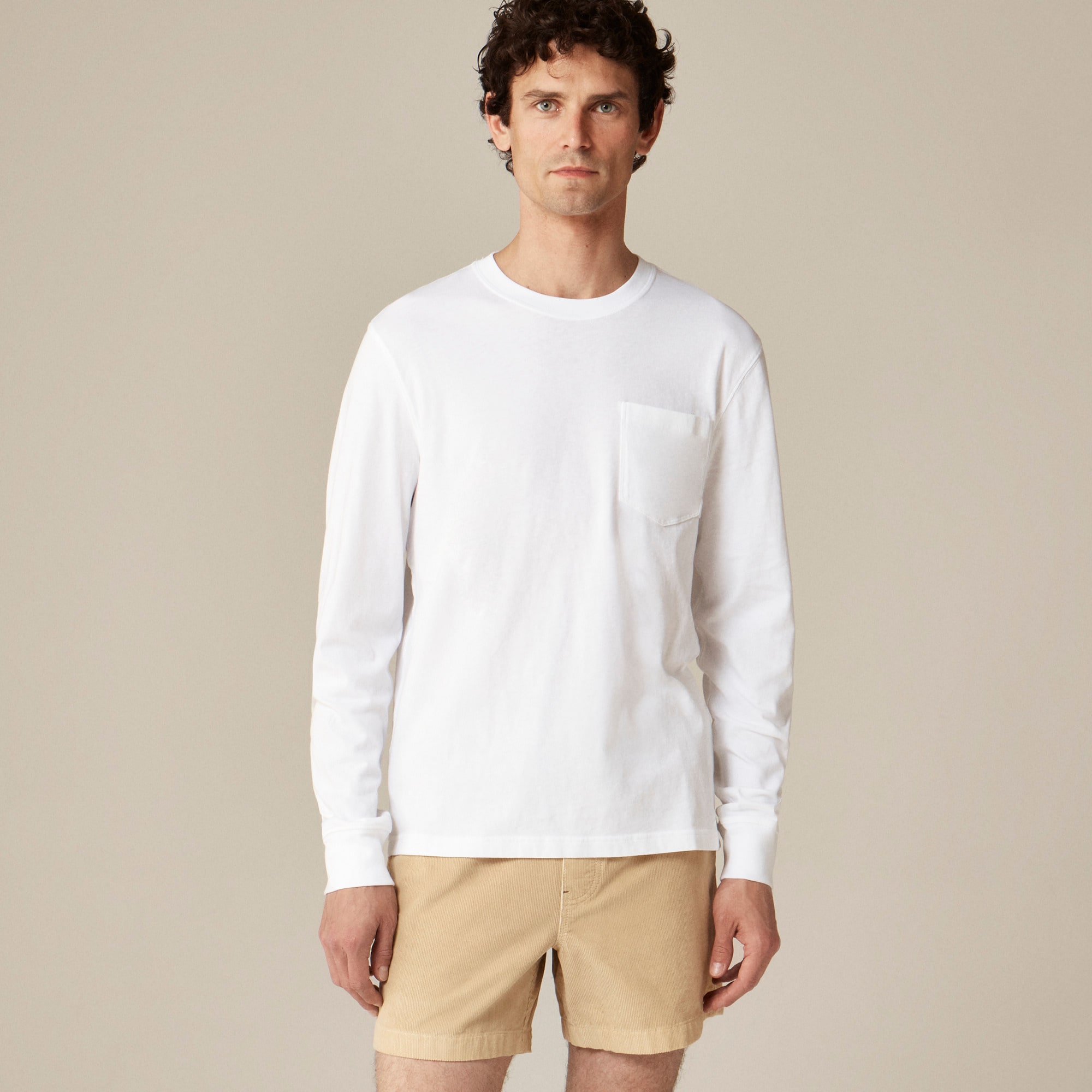 Long-sleeve vintage-wash cotton pocket T-shirt