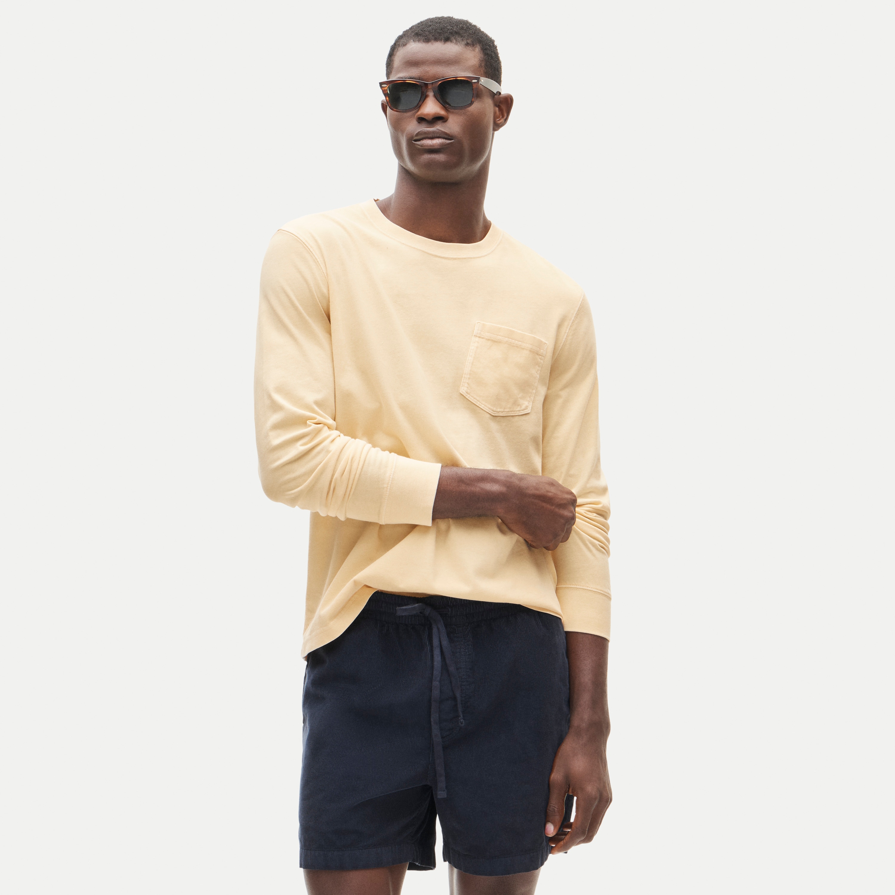 Long-sleeve vintage-wash cotton pocket T-shirt