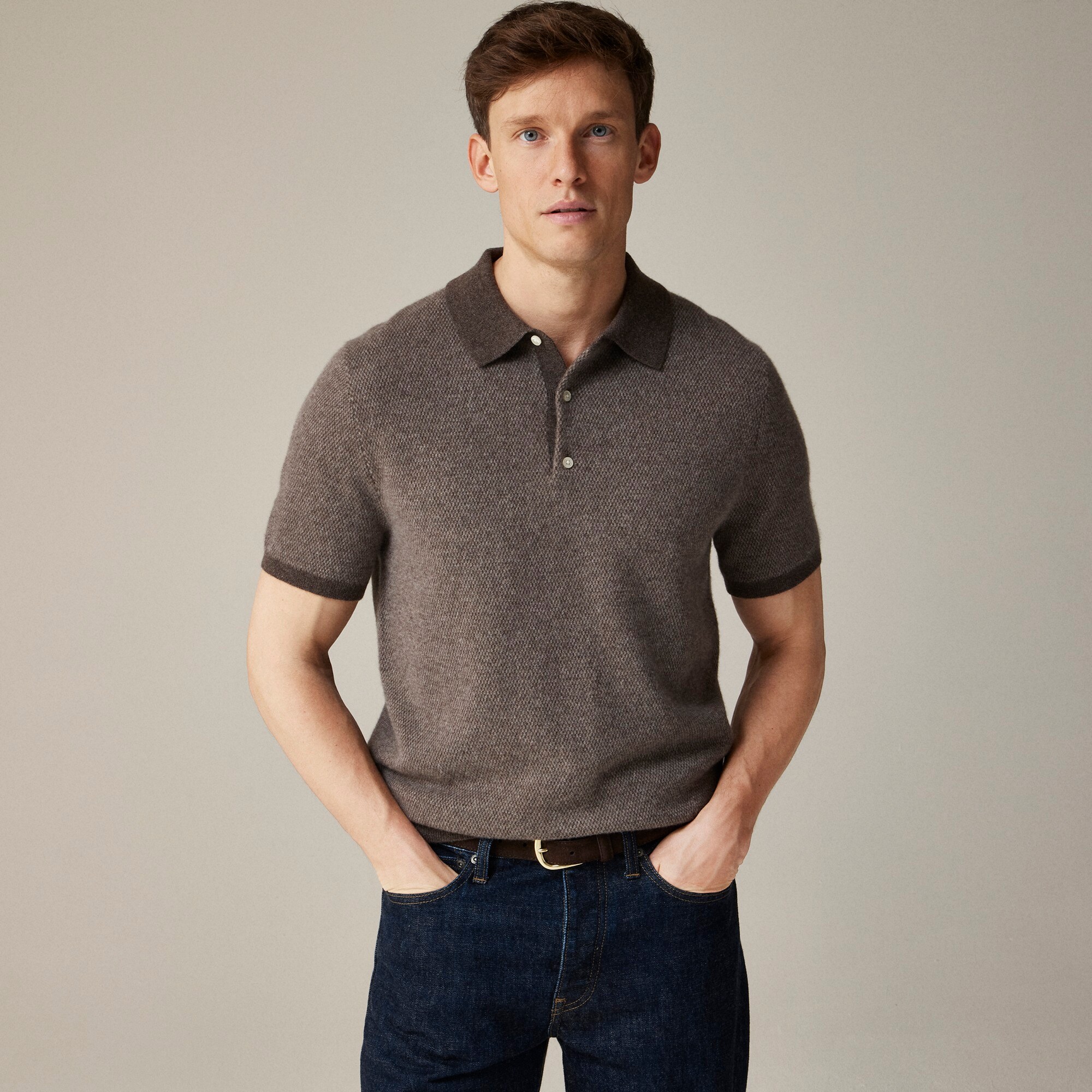 Short-sleeve cashmere sweater-polo in bird's-eye