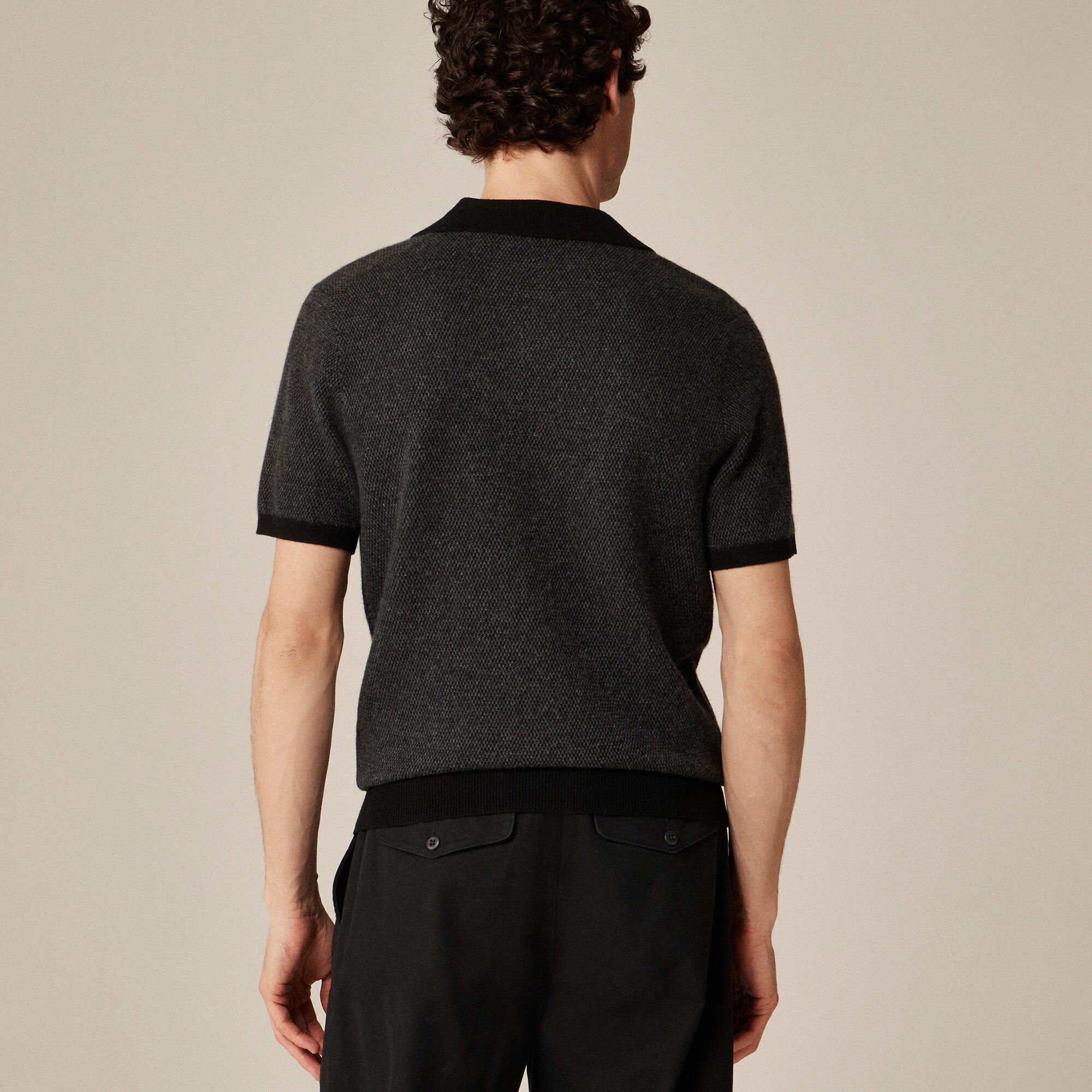Short-sleeve cashmere sweater-polo in bird's-eye