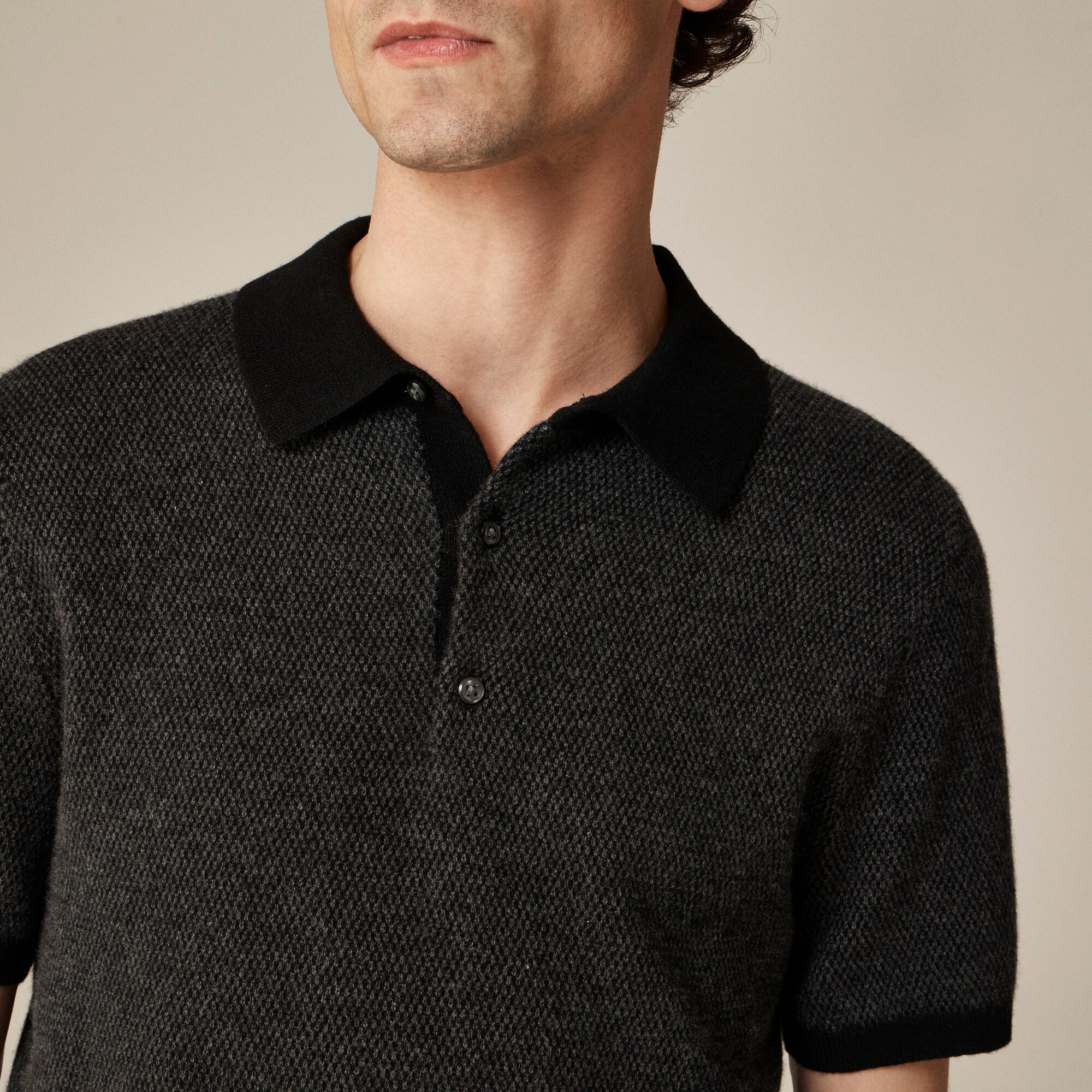 Short-sleeve cashmere sweater-polo in bird's-eye