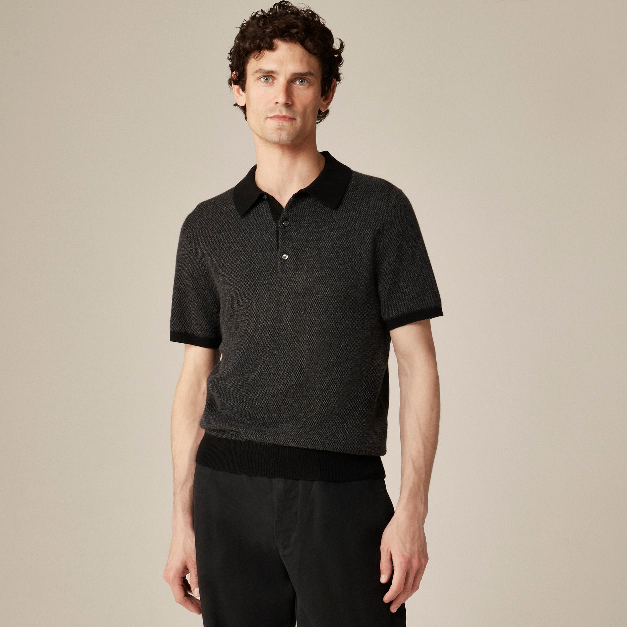  Short-sleeve cashmere sweater-polo in bird's-eye