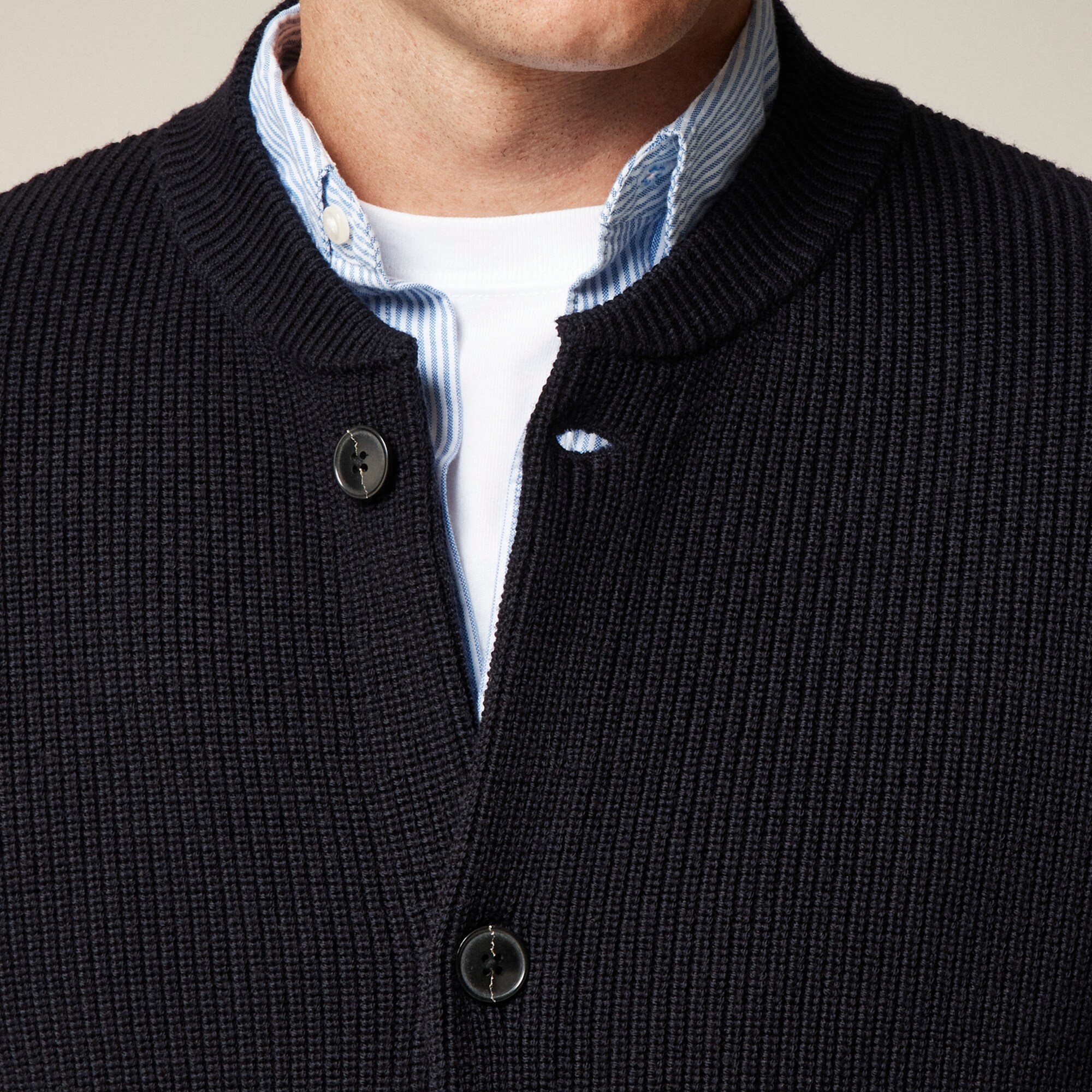 Ribbed merino wool baseball cardigan sweater