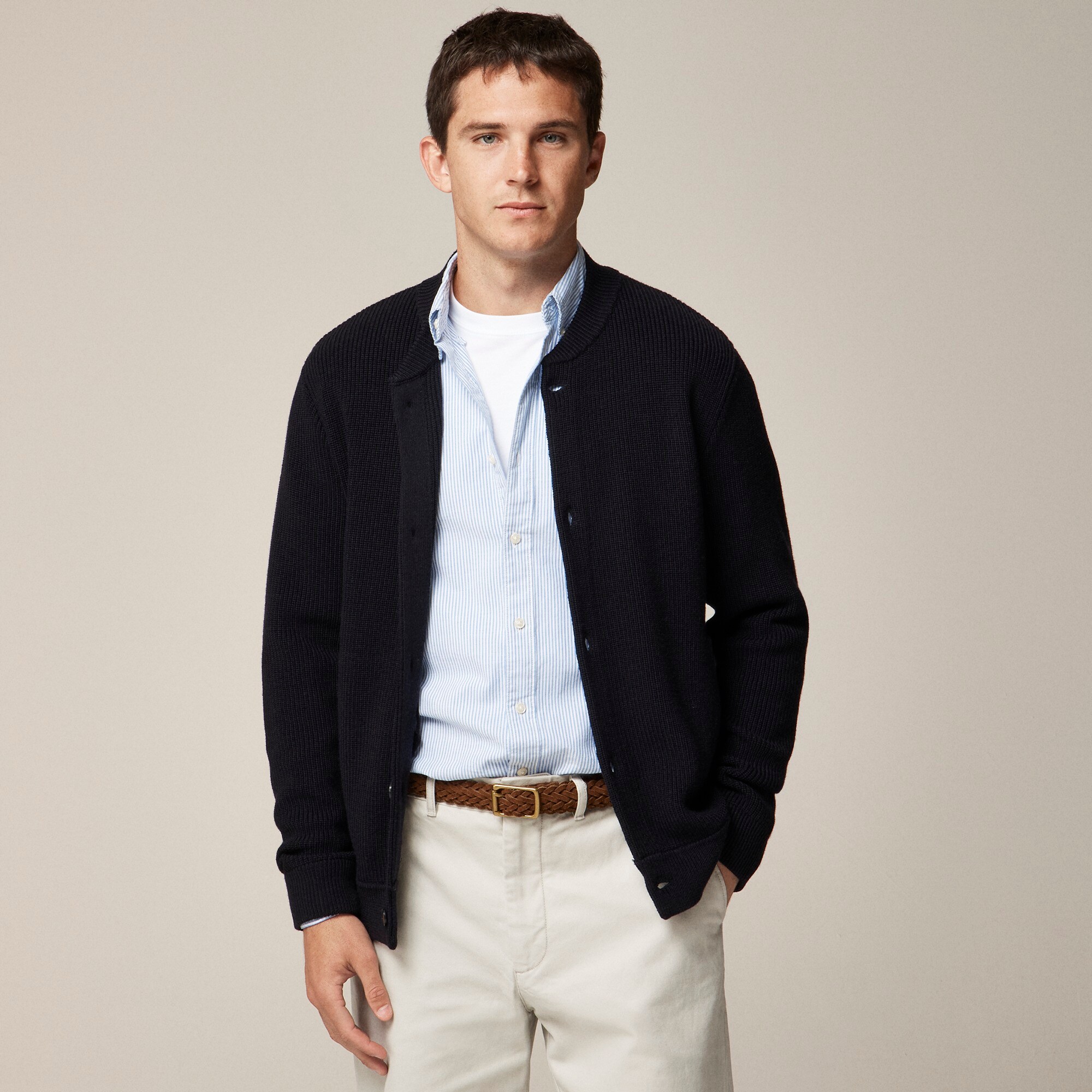 Ribbed merino wool baseball cardigan sweater
