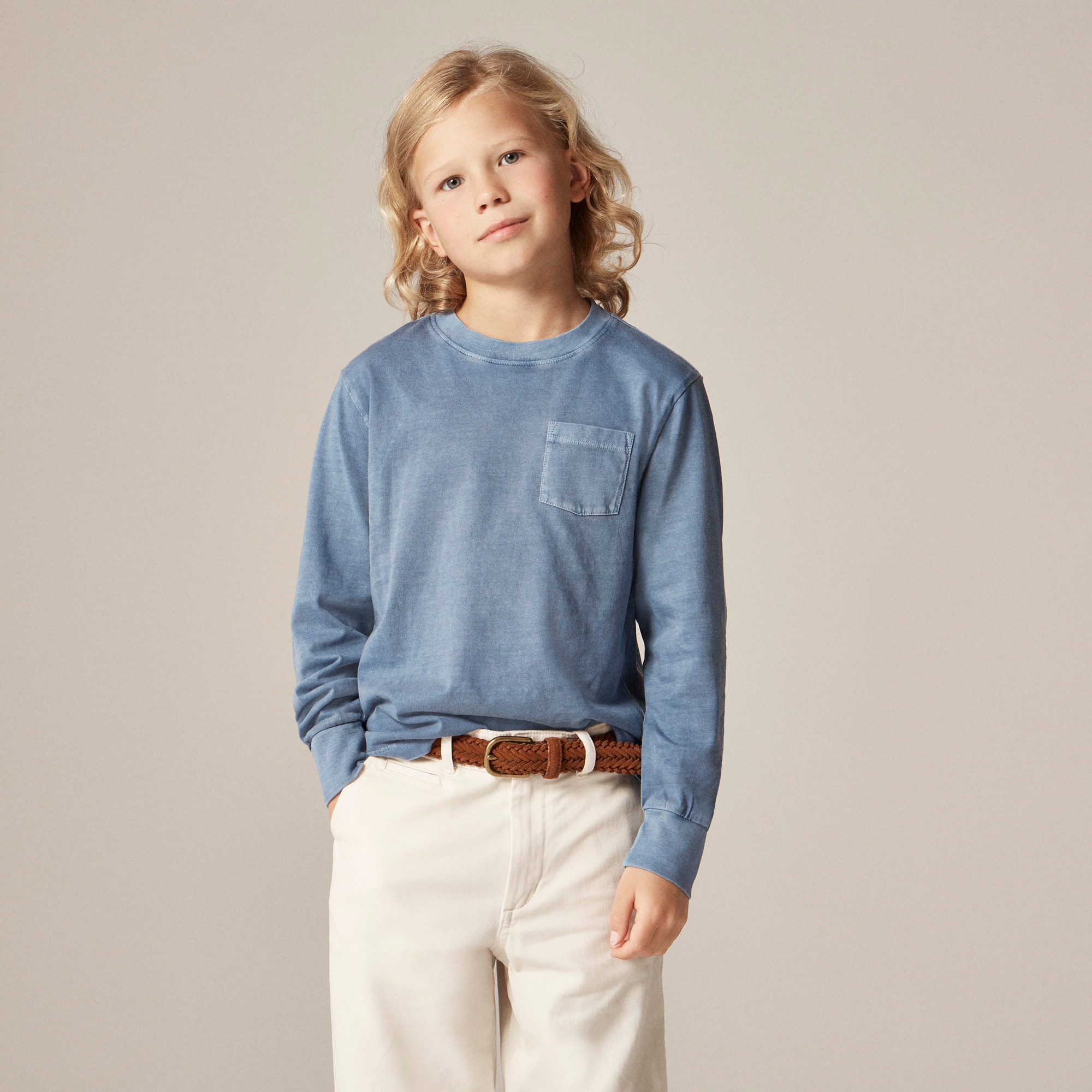 Kids' long-sleeve garment-dyed pocket T-shirt in broken-in-jersey