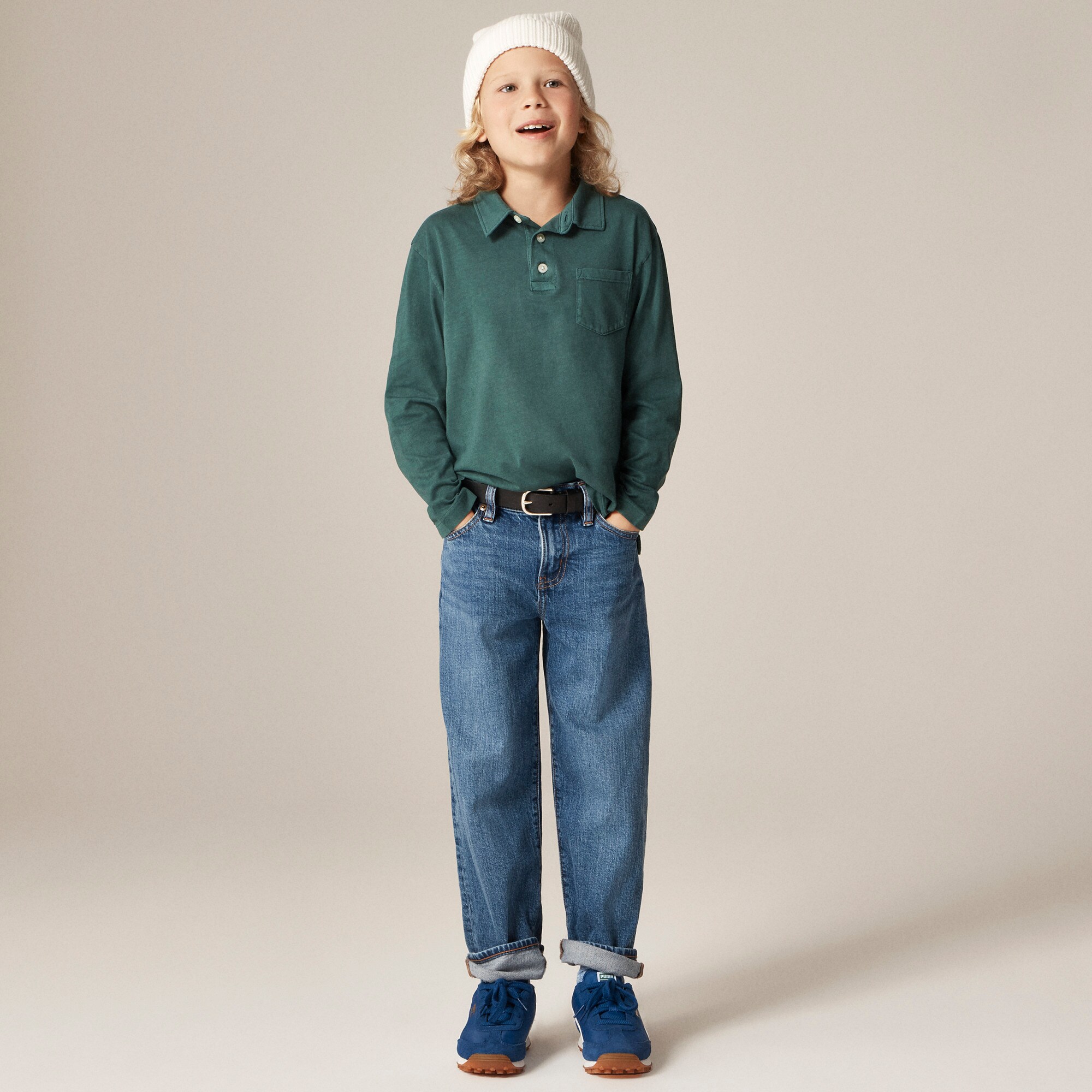  Kids' garment-dyed long-sleeve polo shirt in broken-in-jersey