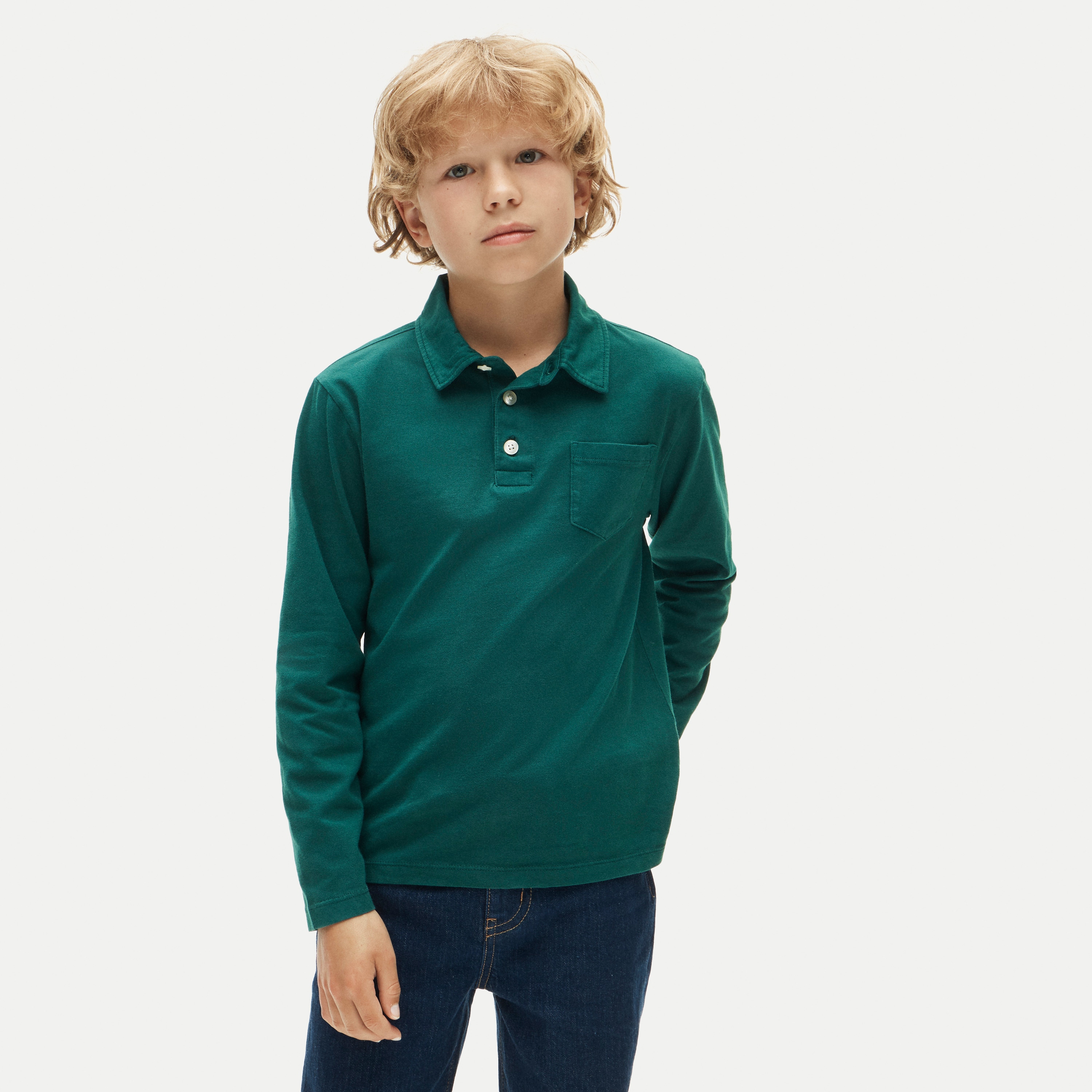 Kids' garment-dyed long-sleeve polo shirt in broken-in-jersey