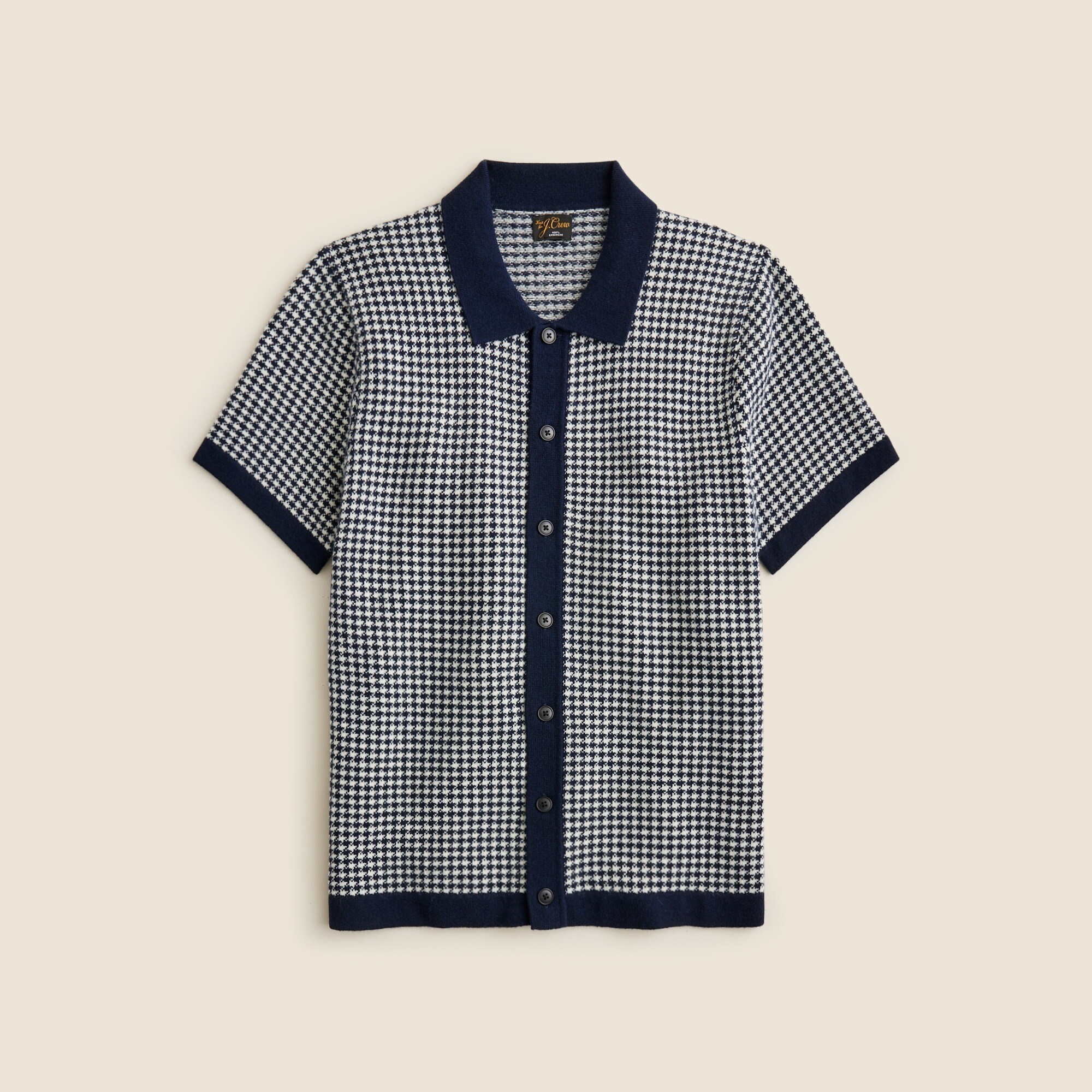 mens Short-sleeve cashmere cardigan sweater-polo in houndstooth