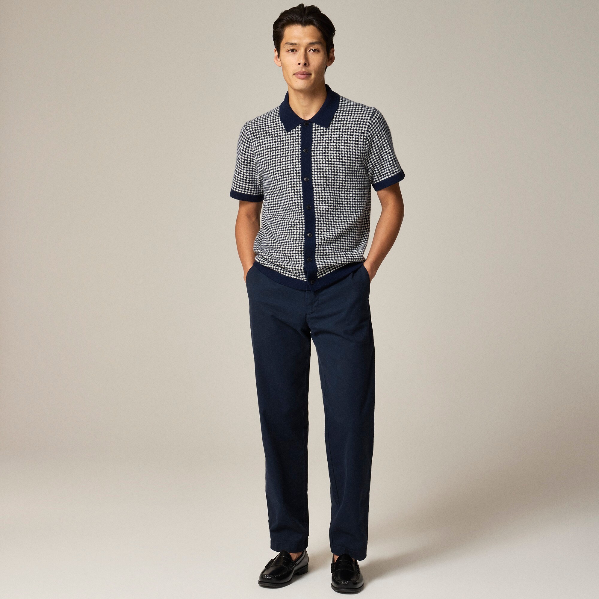 Short-sleeve cashmere cardigan sweater-polo in houndstooth