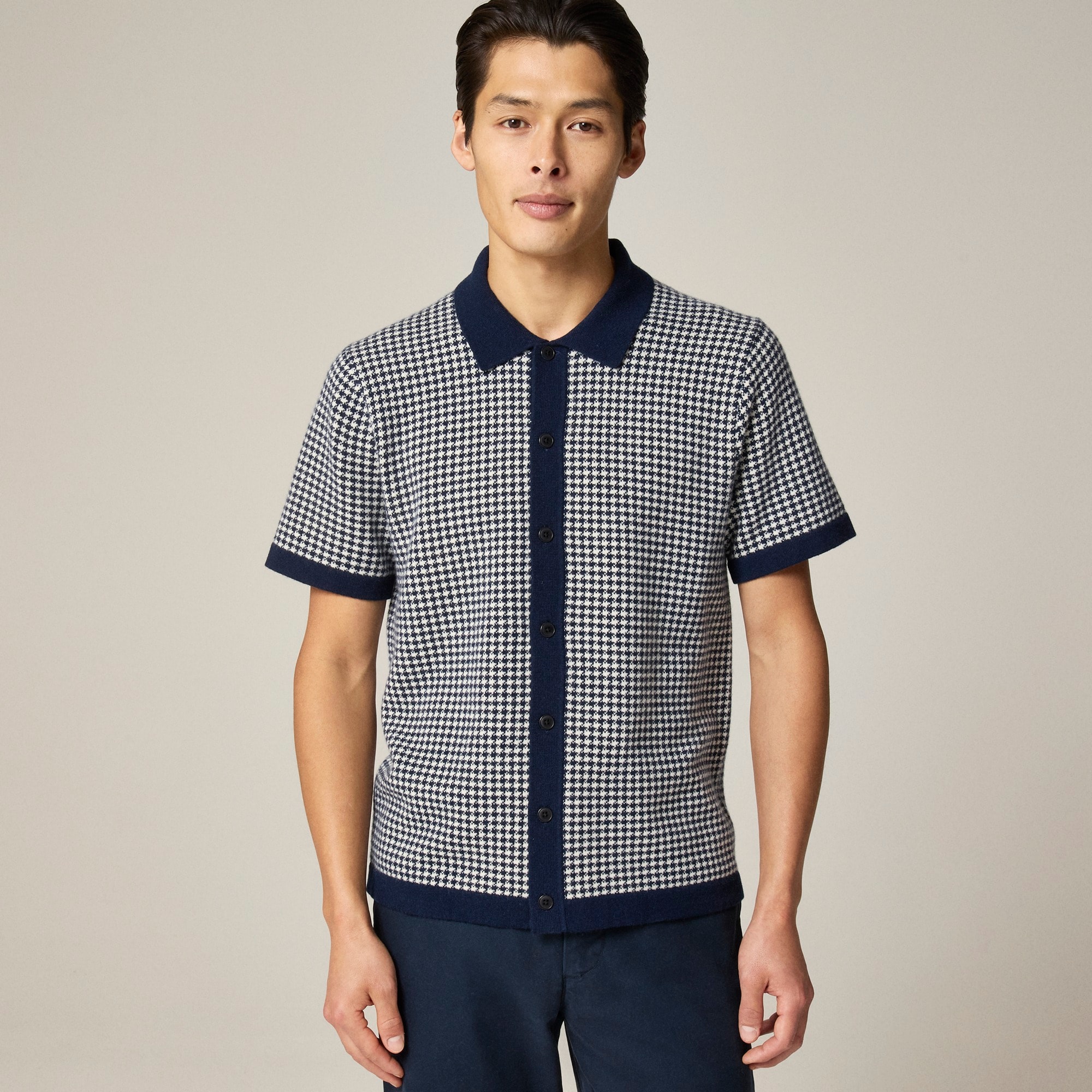 mens Short-sleeve cashmere cardigan sweater-polo in houndstooth