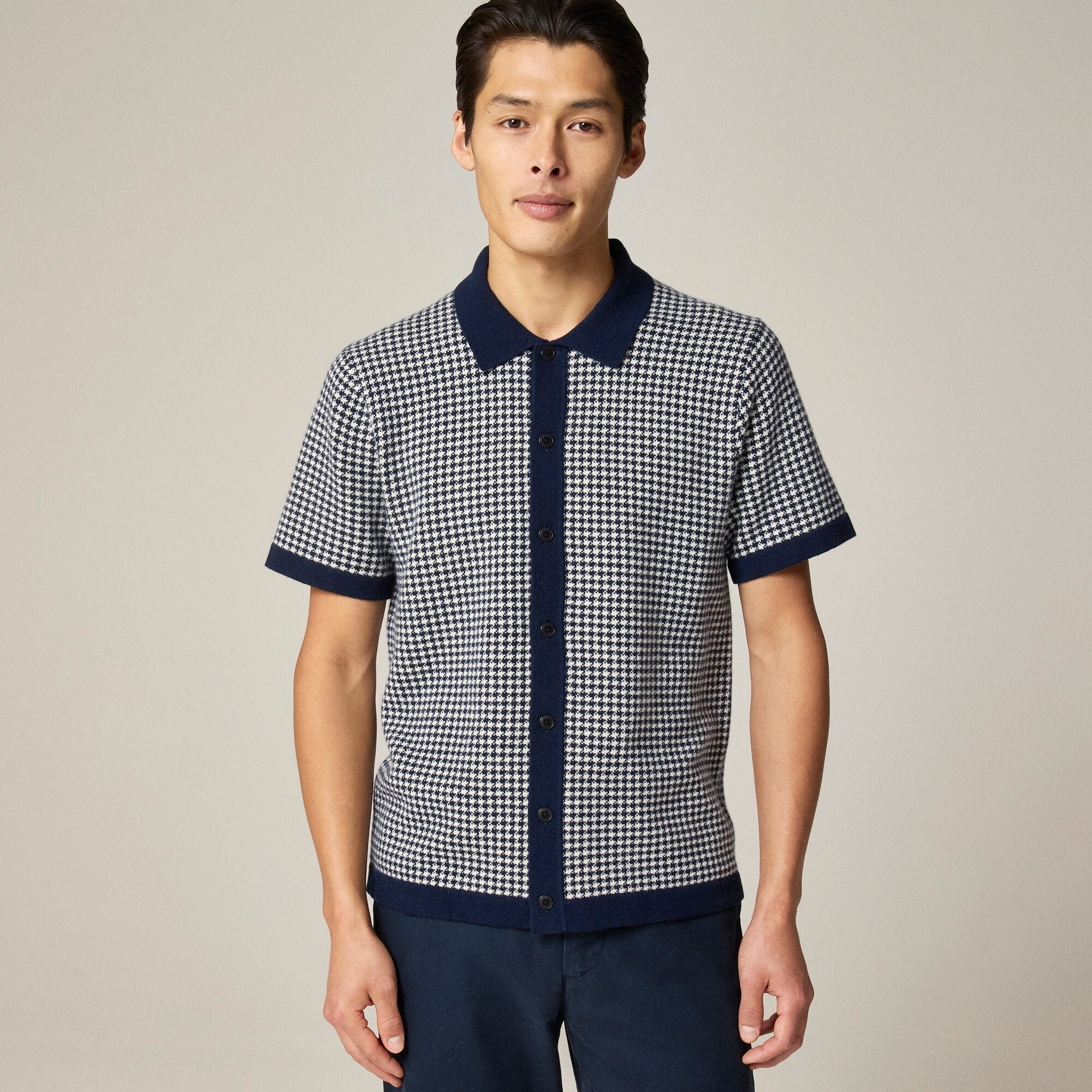  Short-sleeve cashmere cardigan sweater-polo in houndstooth