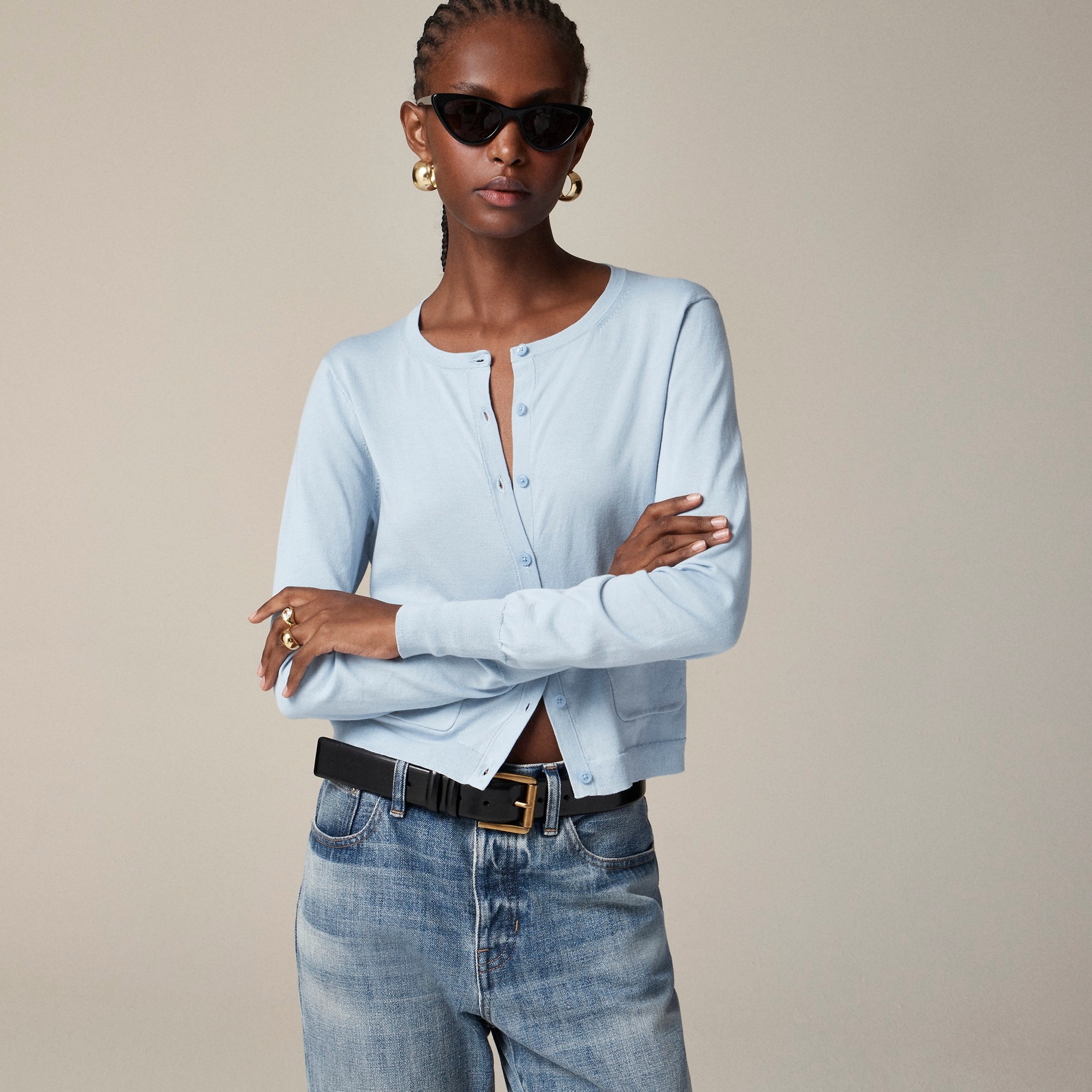 Crewneck cardigan in premium ultrafine cotton