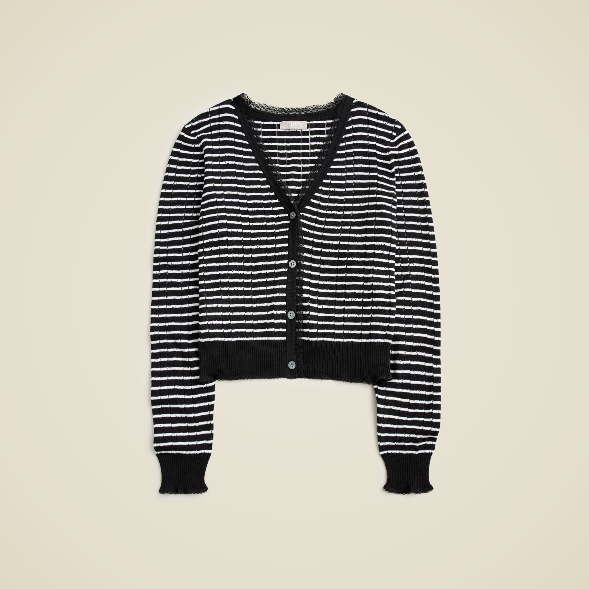 Pointelle V-neck Cardigan In Striped Premium Ultrafine Cotton For