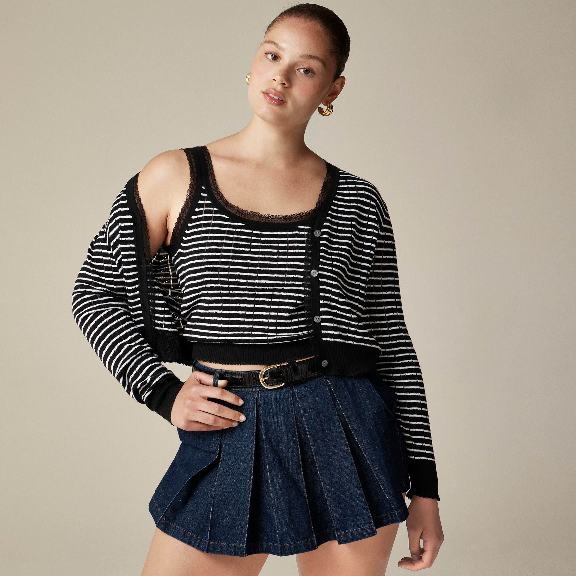Pointelle sweater-tank in striped premium ultrafine cotton