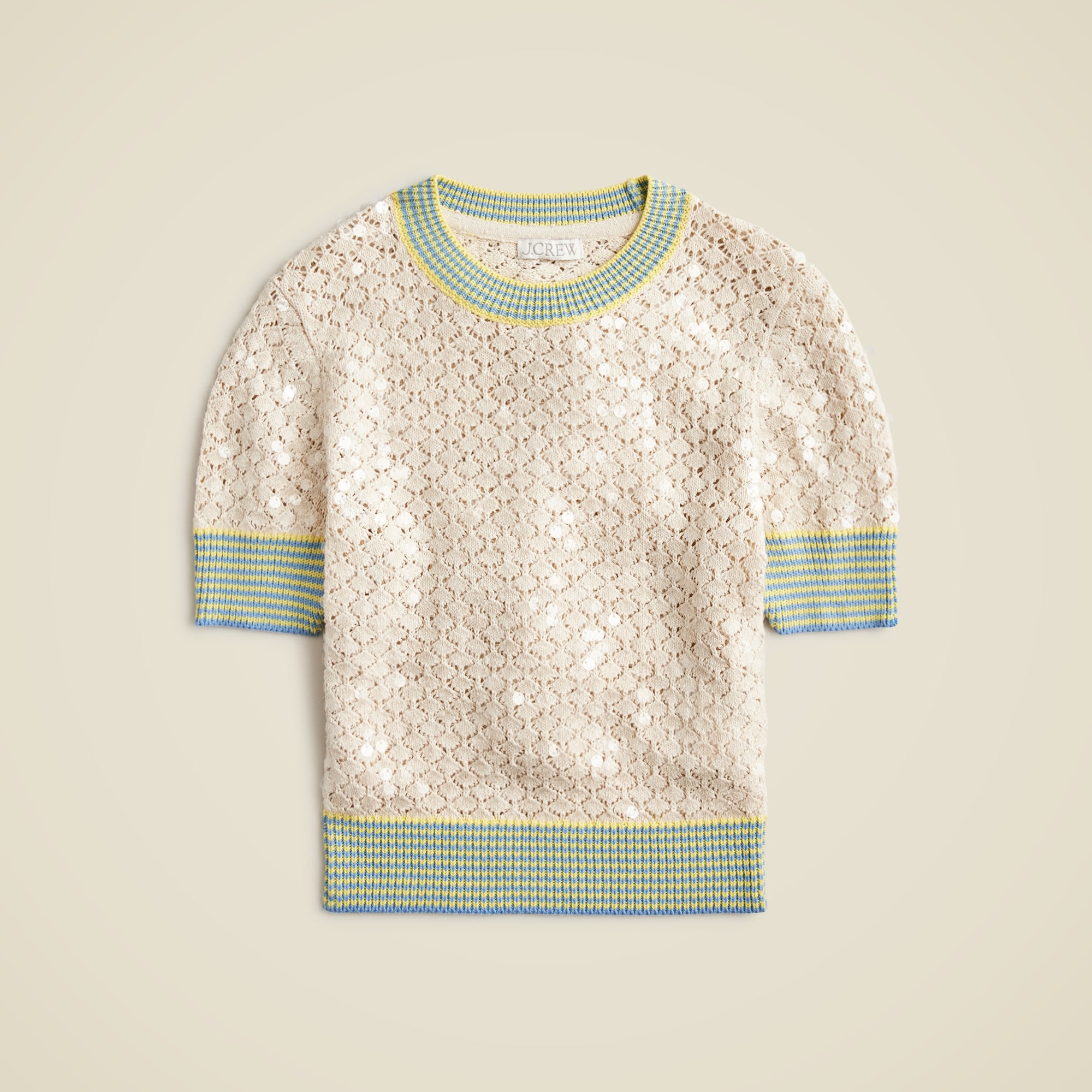 Sequin pointelle sweater-tee with striped trim