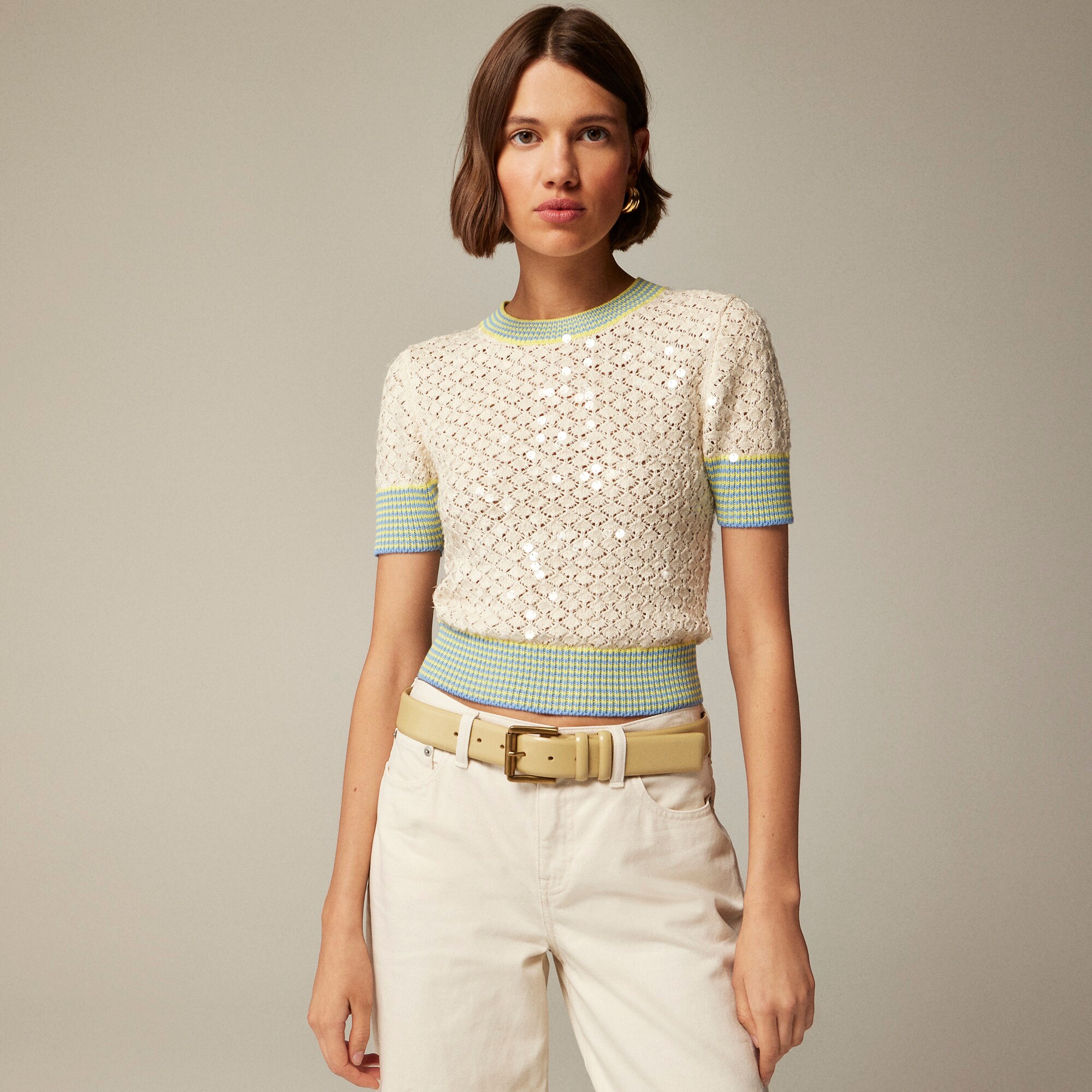 JUNE - Kelly Green Pointelle Striped Sweater main image 1