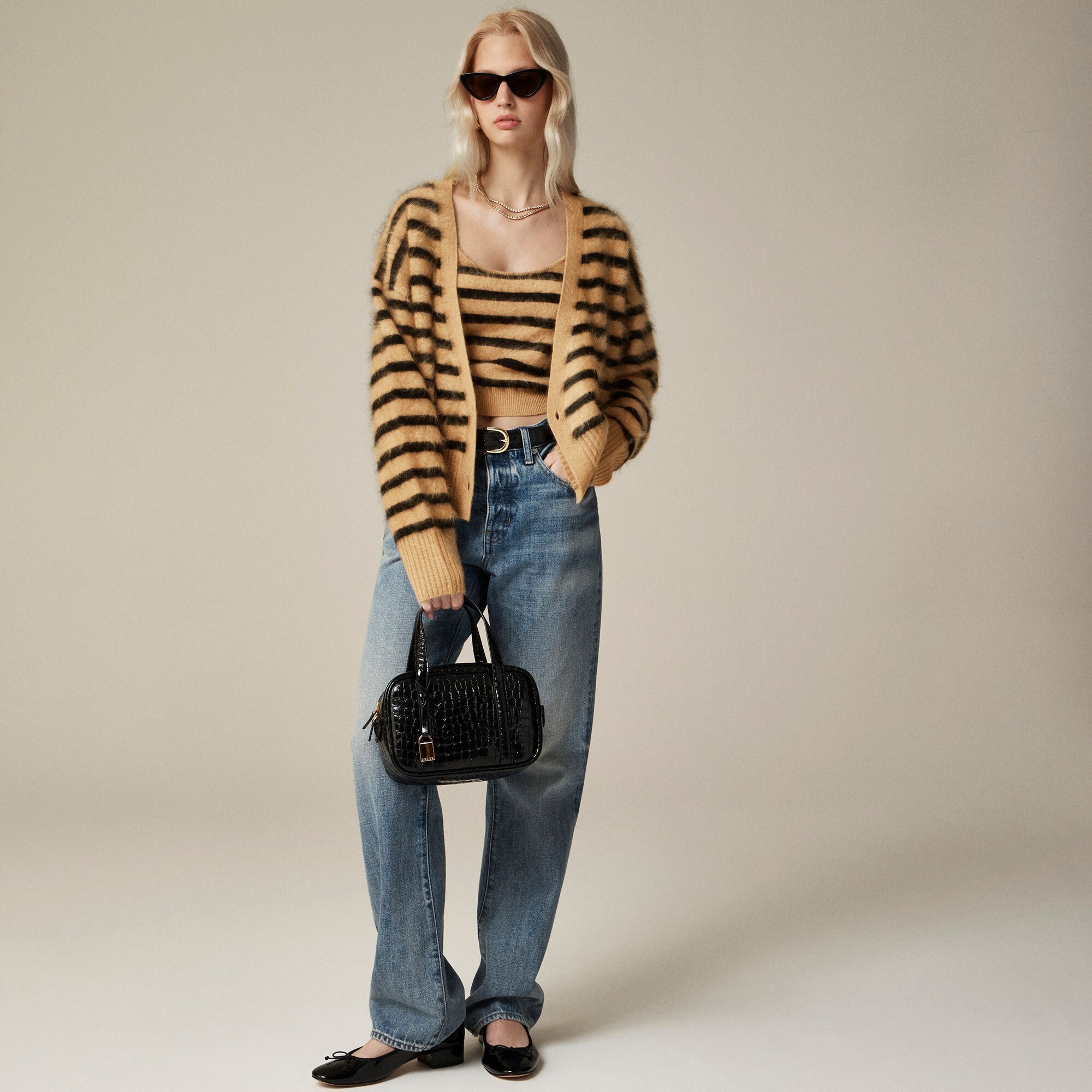 womens Brushed cashmere double-breasted cardigan in stripe
