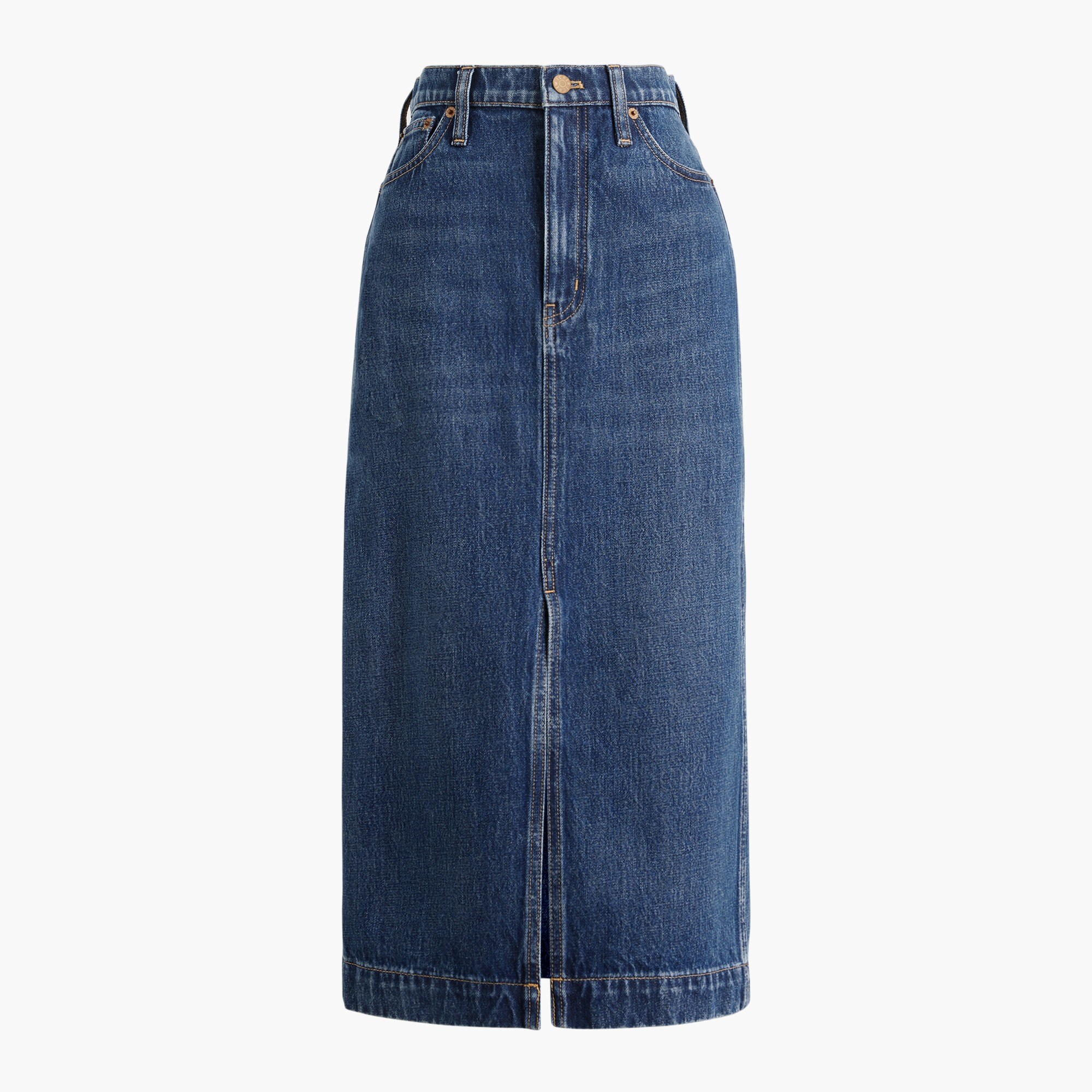 High-rise denim midi skirt