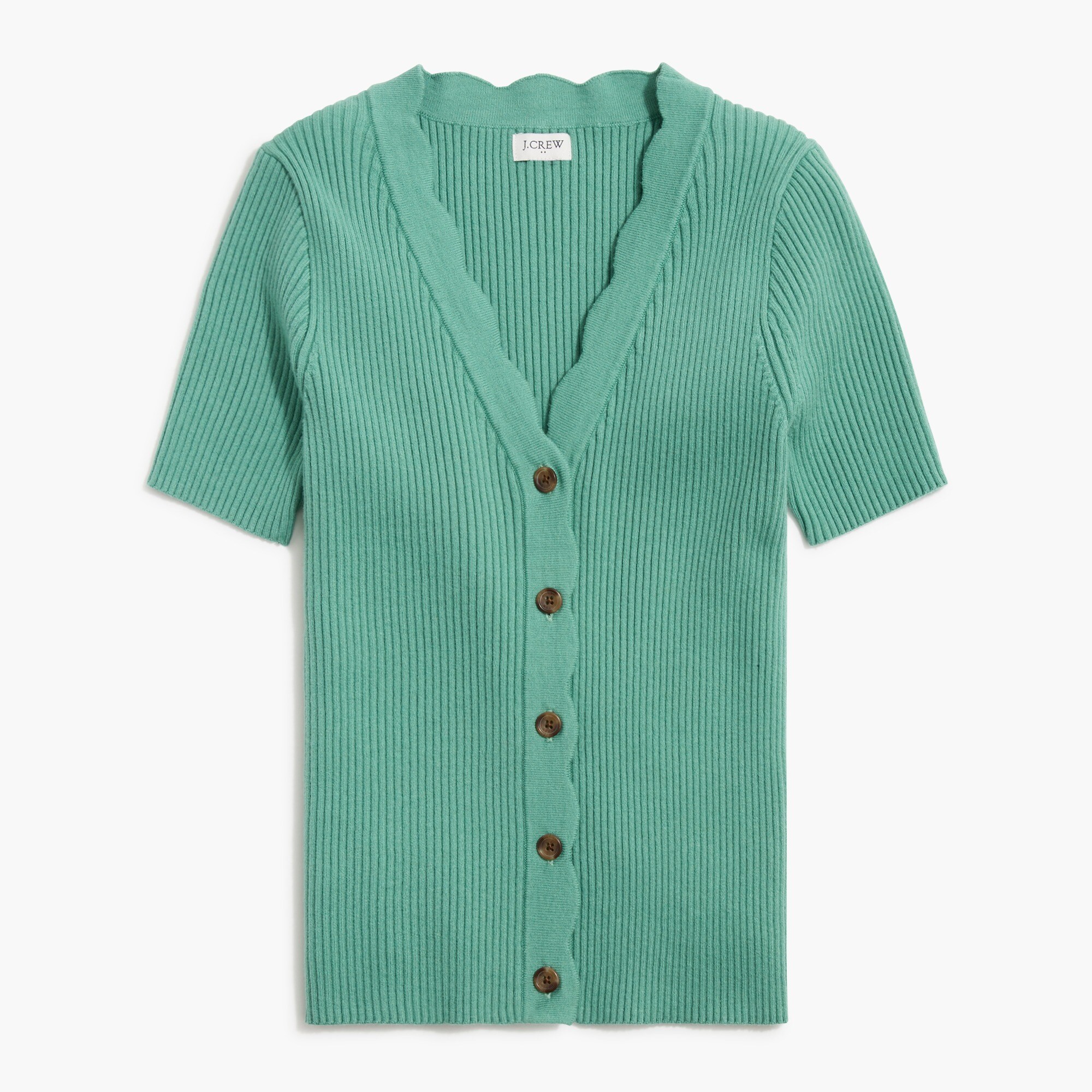 Short-sleeve cardigan sweater with scallop trim
