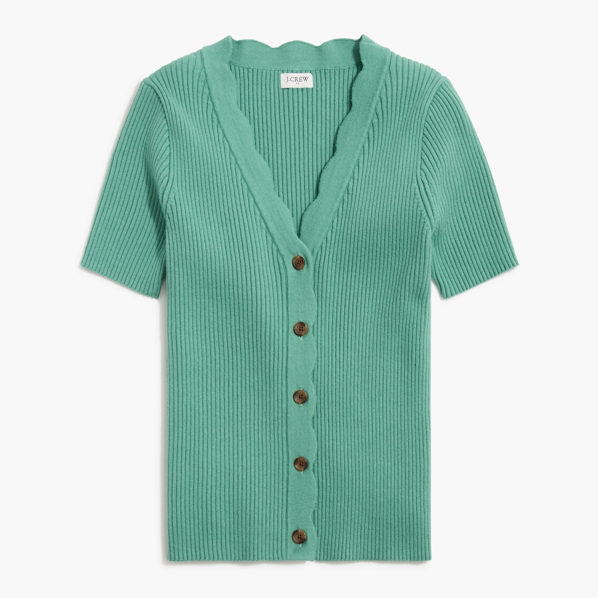 Short-sleeve cardigan sweater with scallop trim