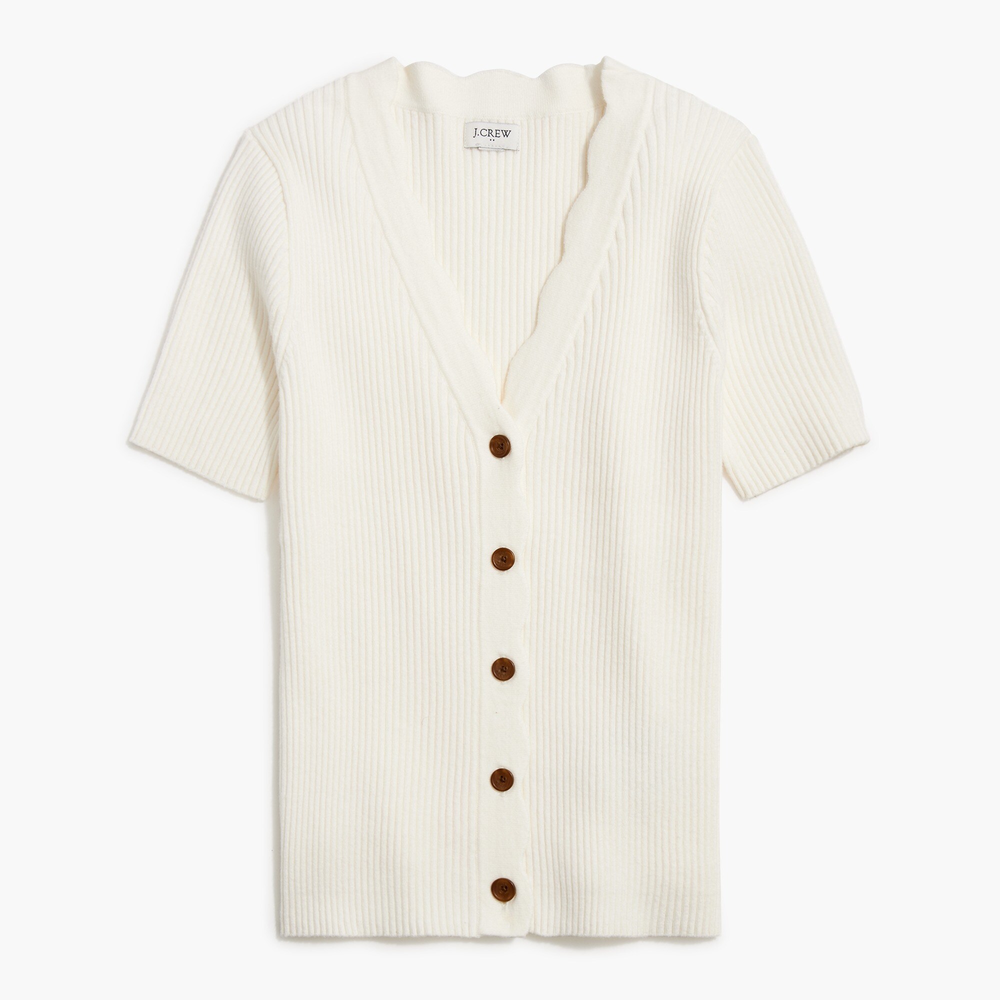 Short-sleeve cardigan sweater with scallop trim