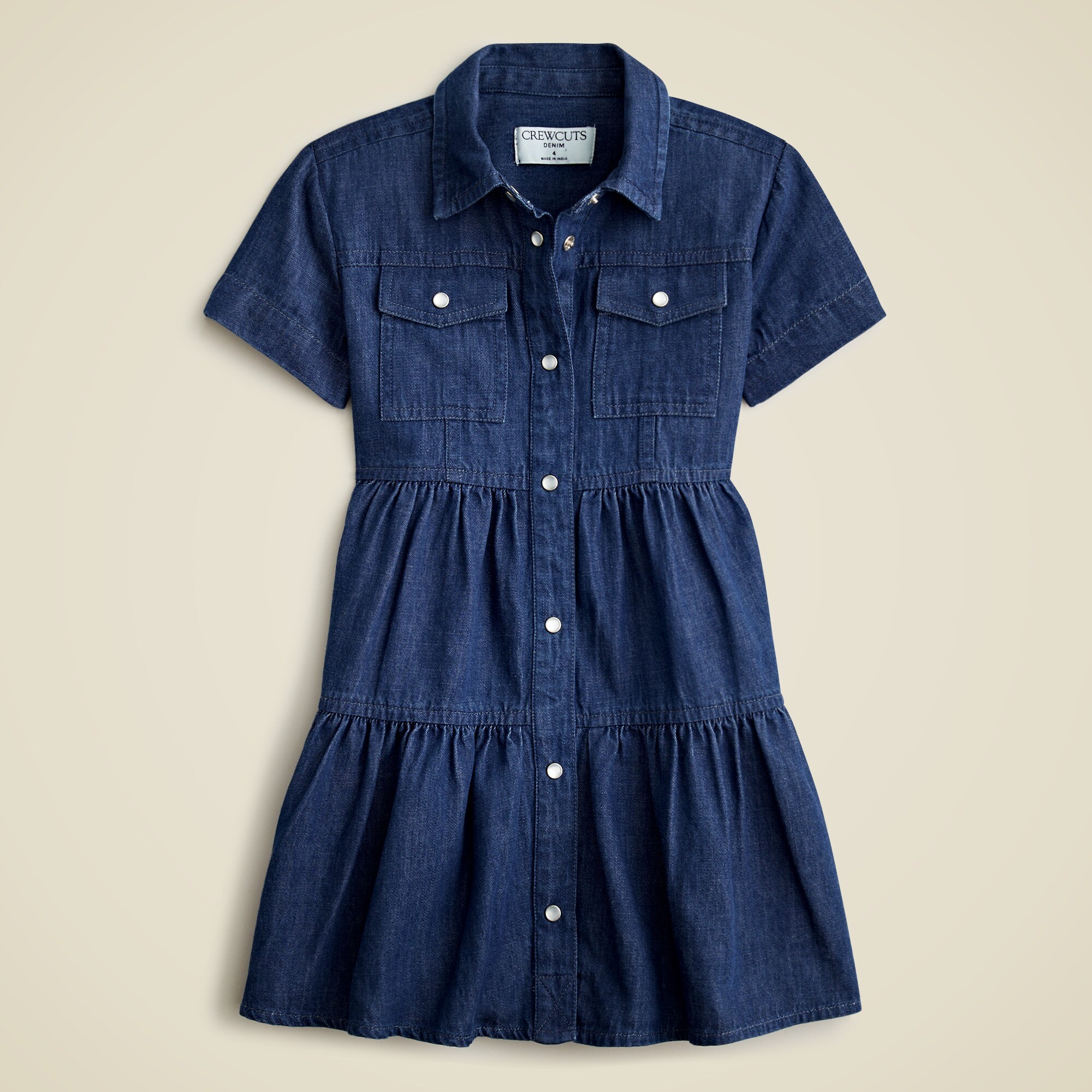 Girls' patch-pocket shirtdress in drapey denim