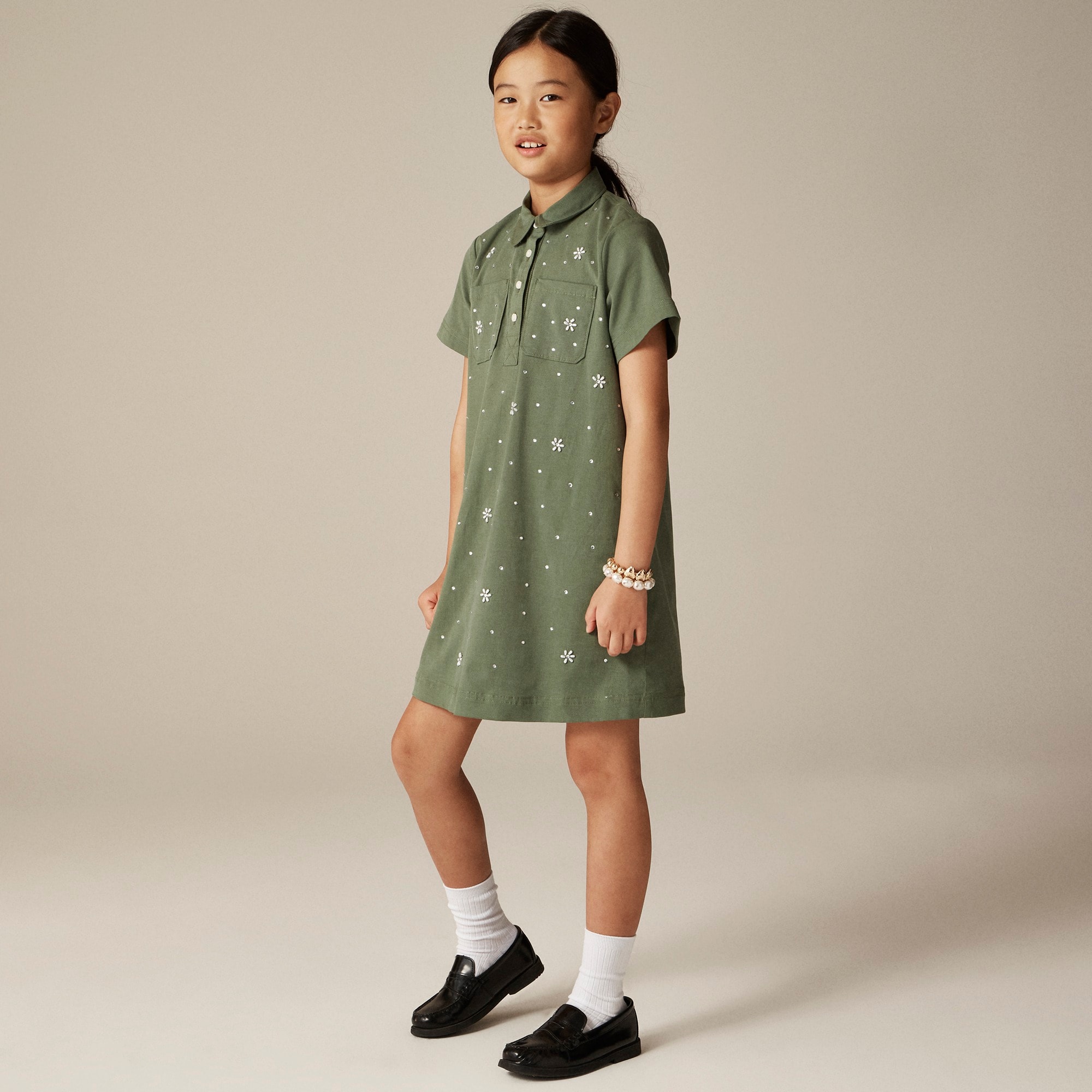  Girls' flower-embellished shirtdress in twill