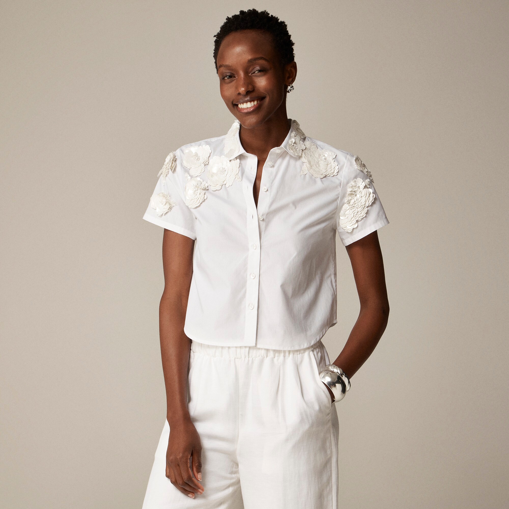 J.Crew Collection Cropped Button up Shirt With Floral Appliques For Women
