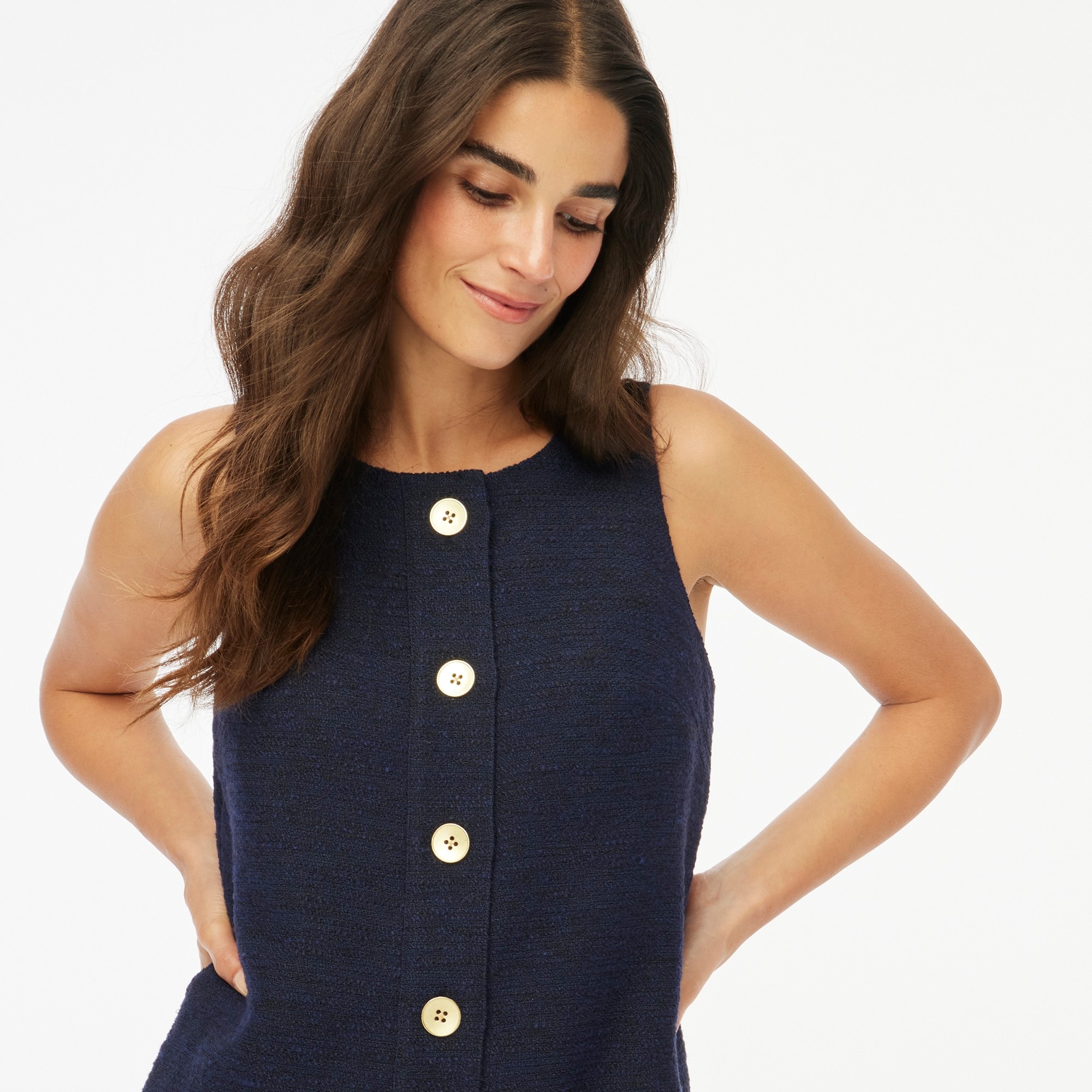 Sleeveless tweed button-front shift dress