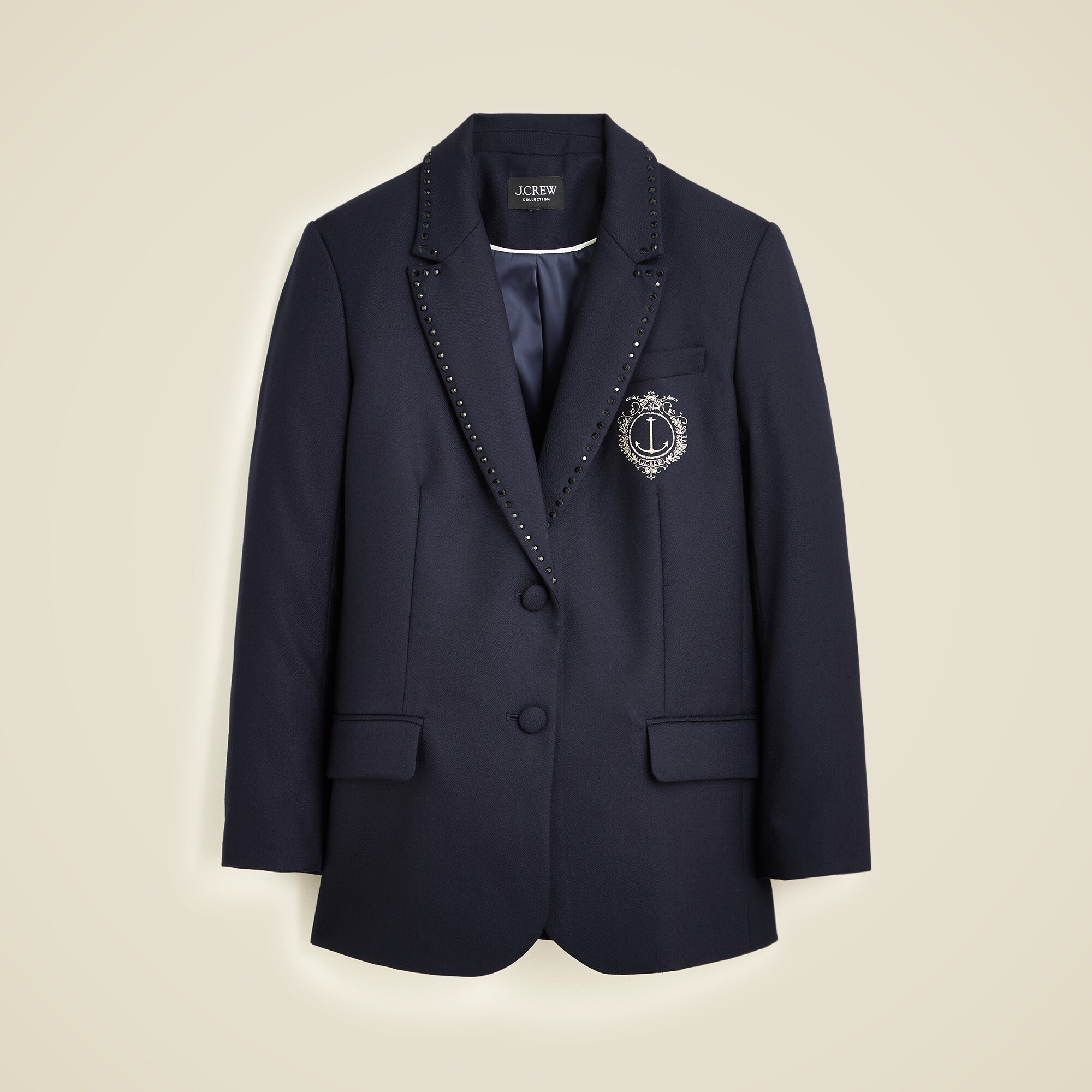 Collection relaxed blazer with crest embellishment in wool-blend flannel