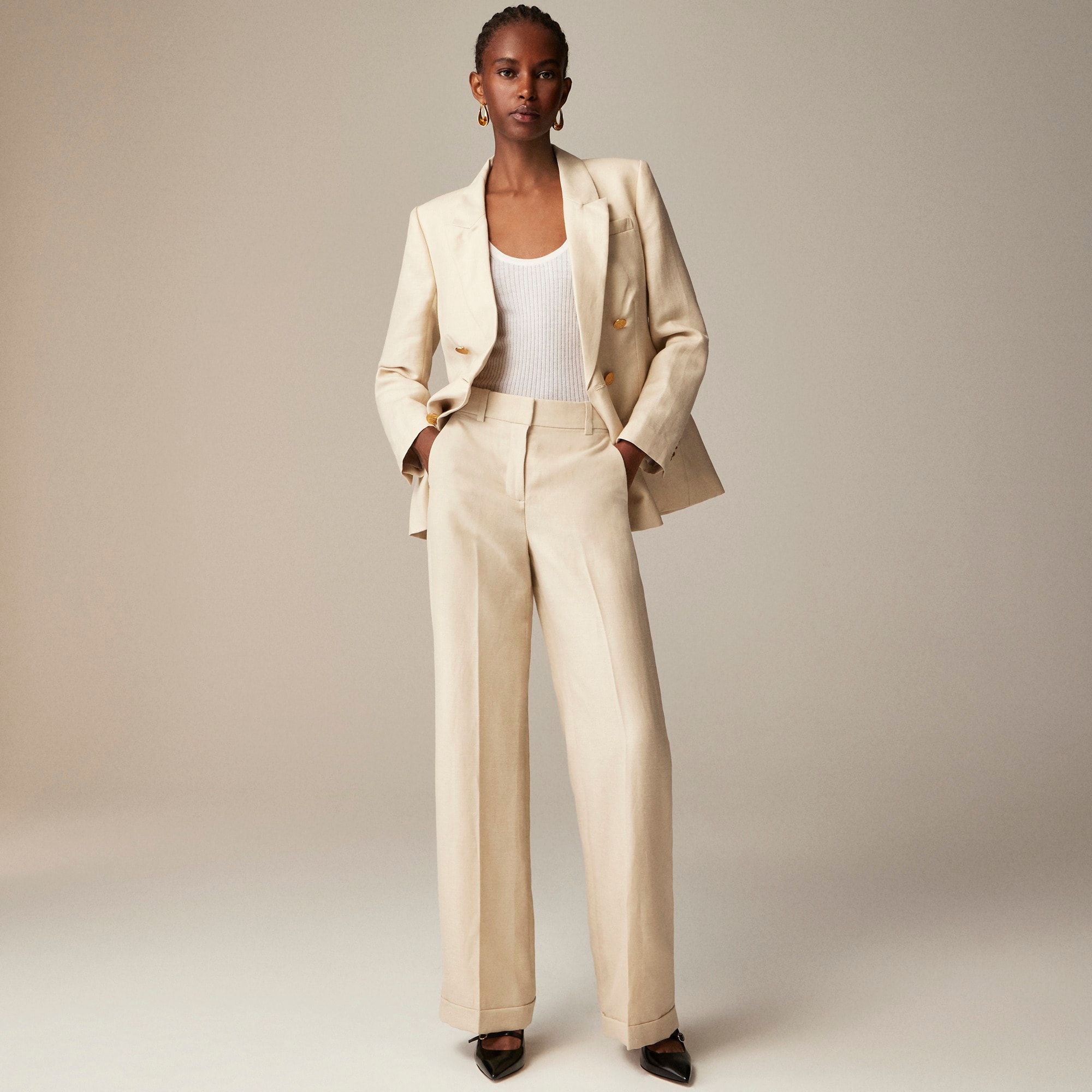 j.crew: cuffed wide-leg trouser in herringbone linen-wool blend for women