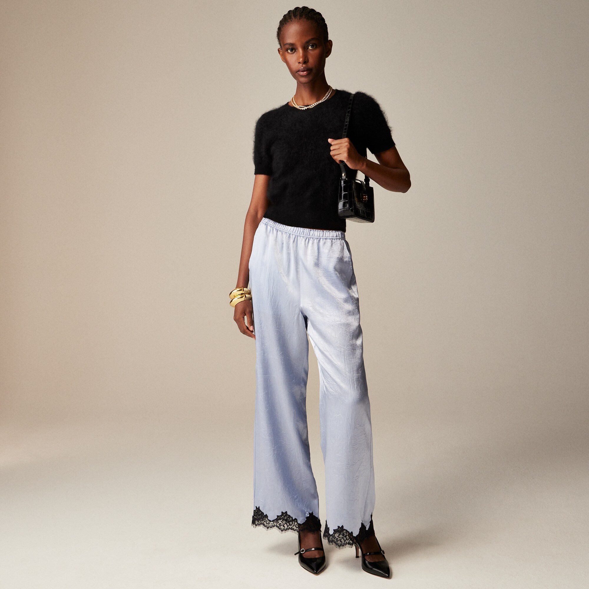 Stratus lace-trim pant in textured satin
