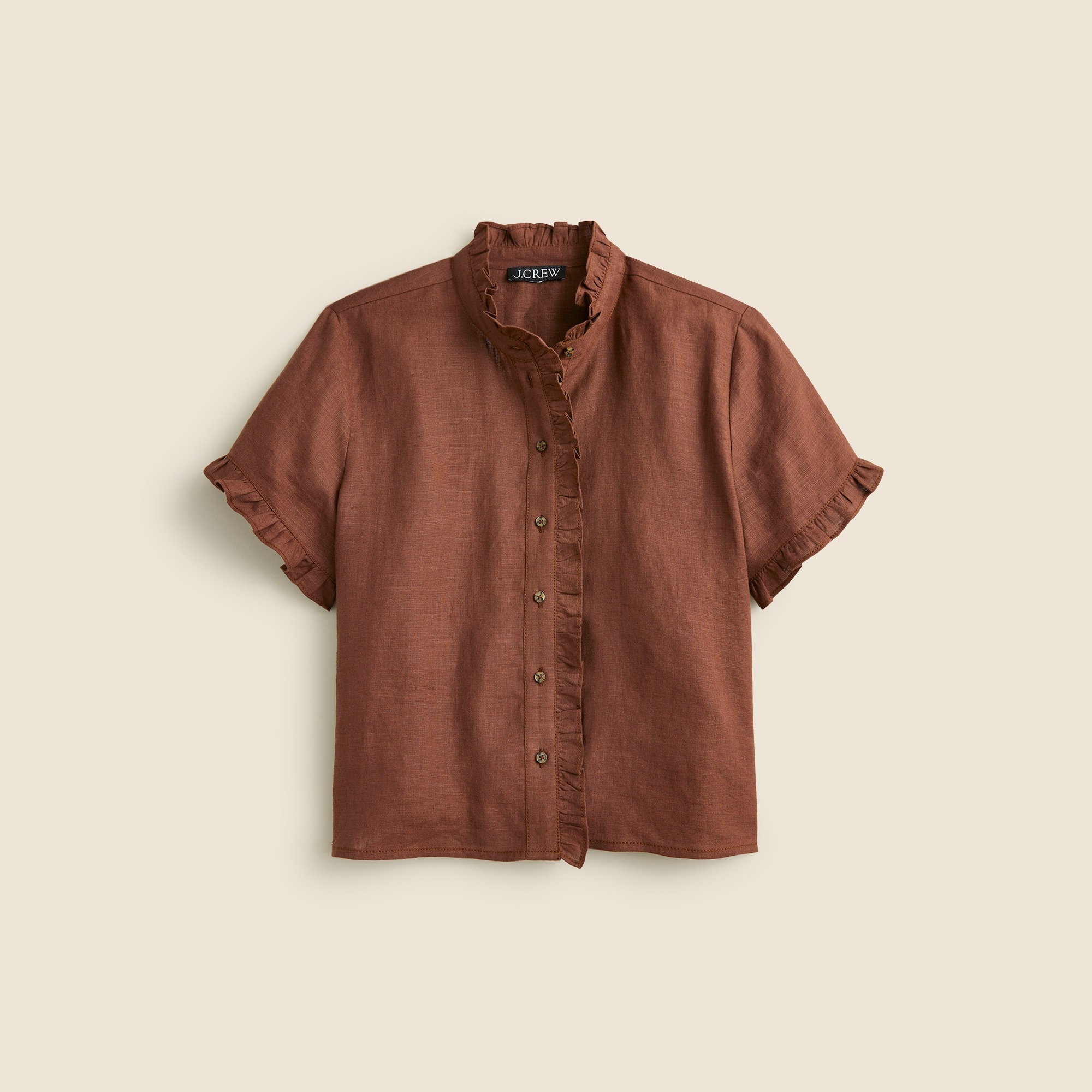 Ruffle-trim button-up shirt in linen