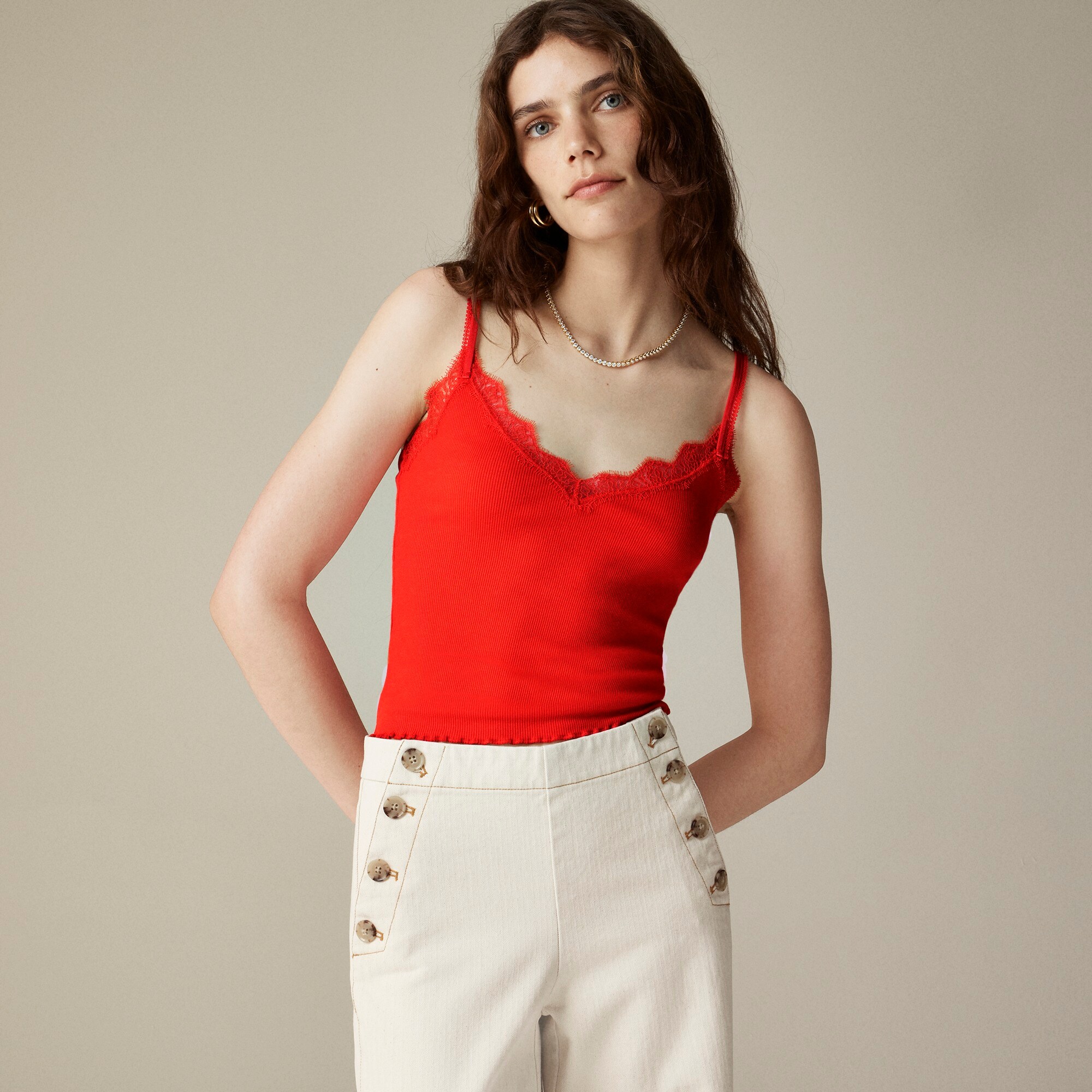 womens Fine rib lace-trim tank top