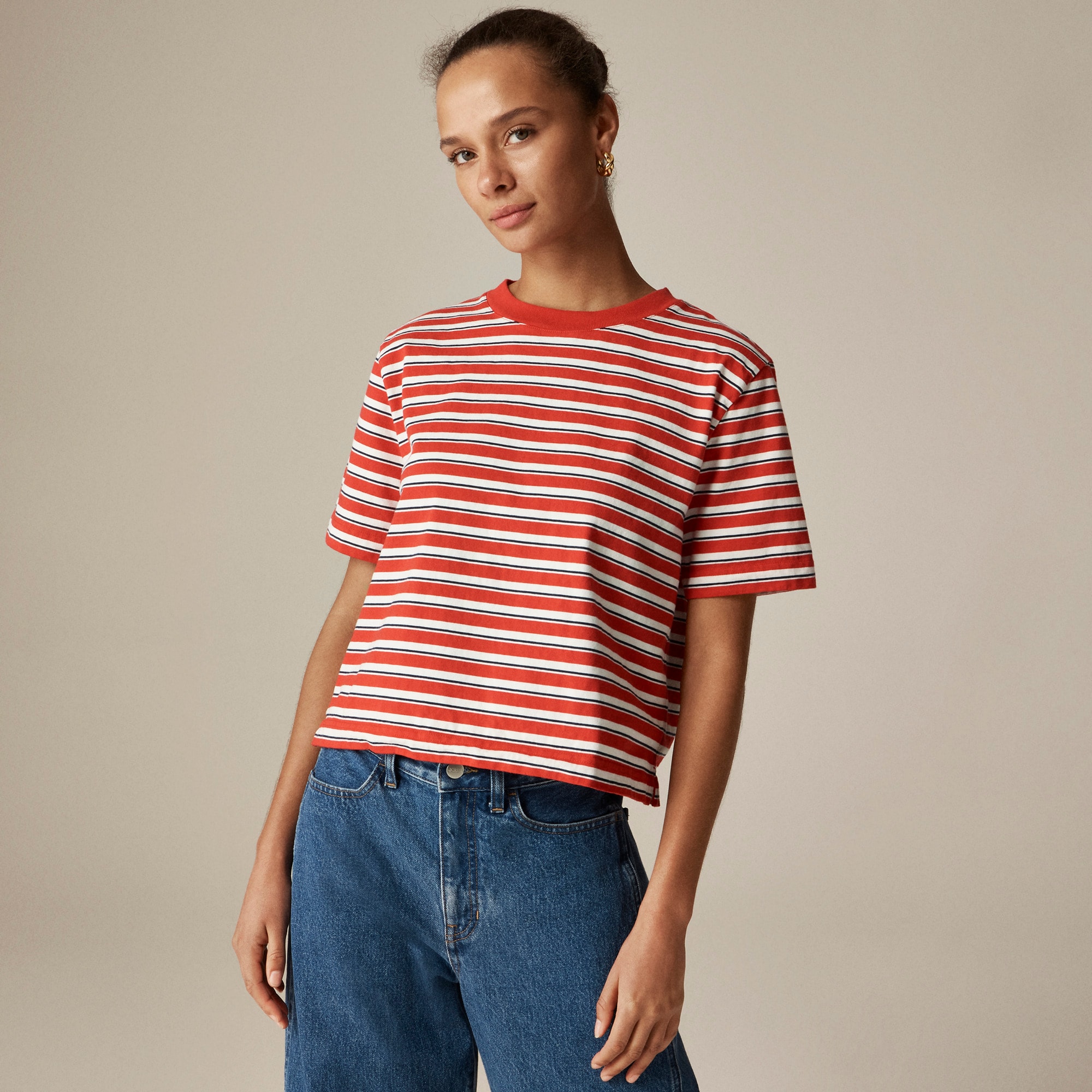 womens Relaxed premium-weight cropped T-shirt in stripe