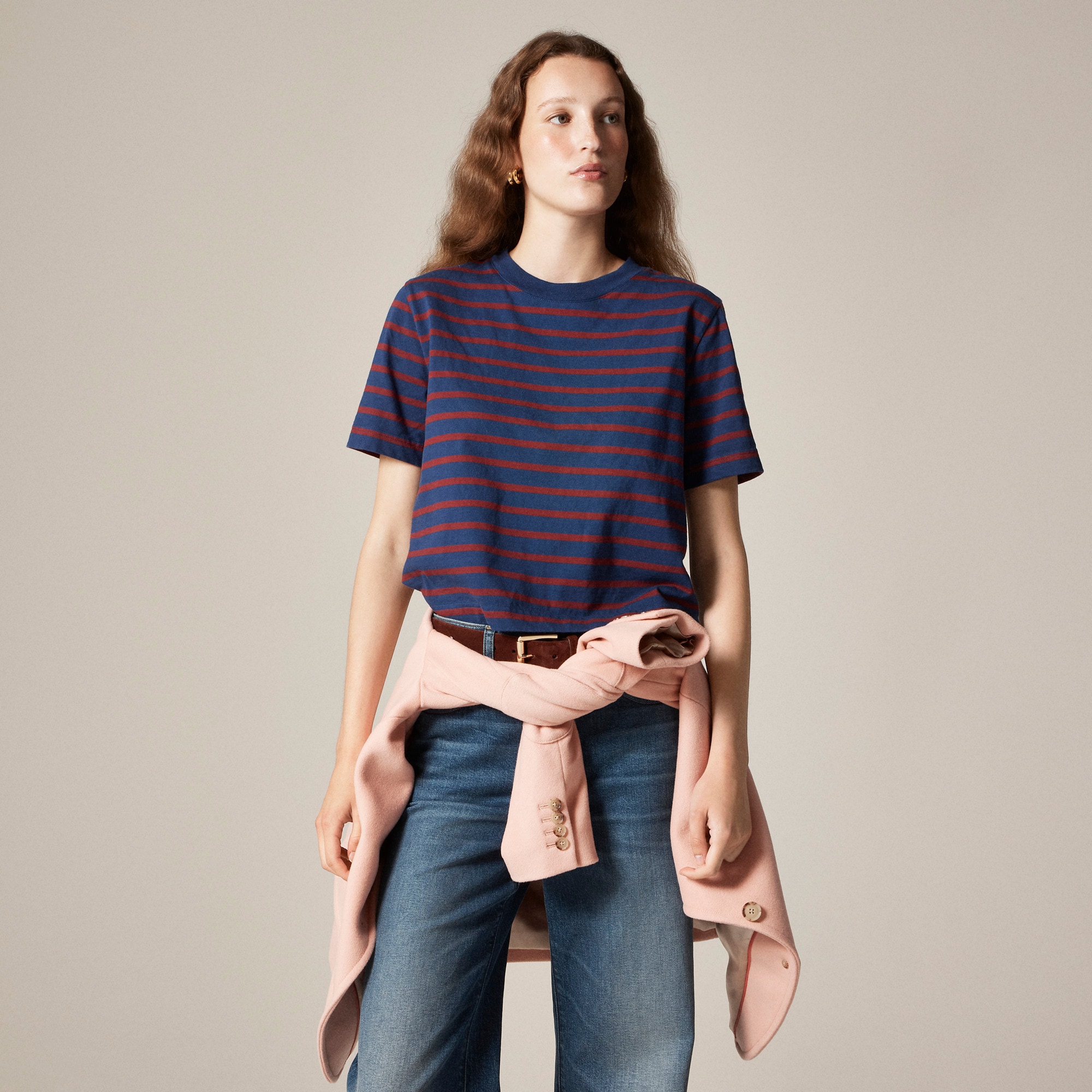 Relaxed Premium-weight Cropped T-shirt In Stripe For Women