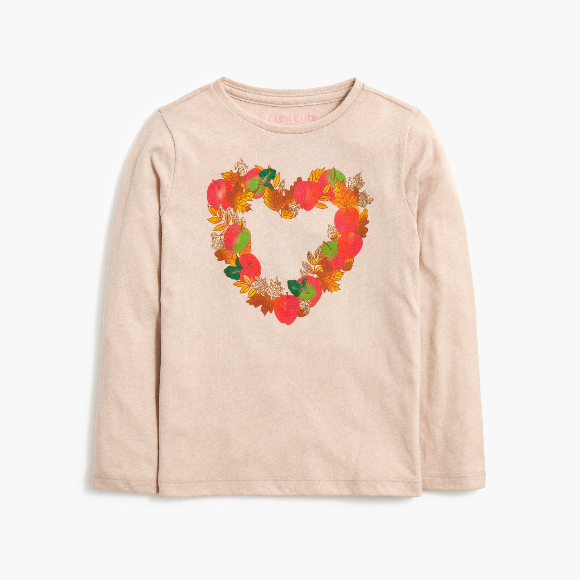 Girls' long-sleeve apple and leaf heart graphic tee