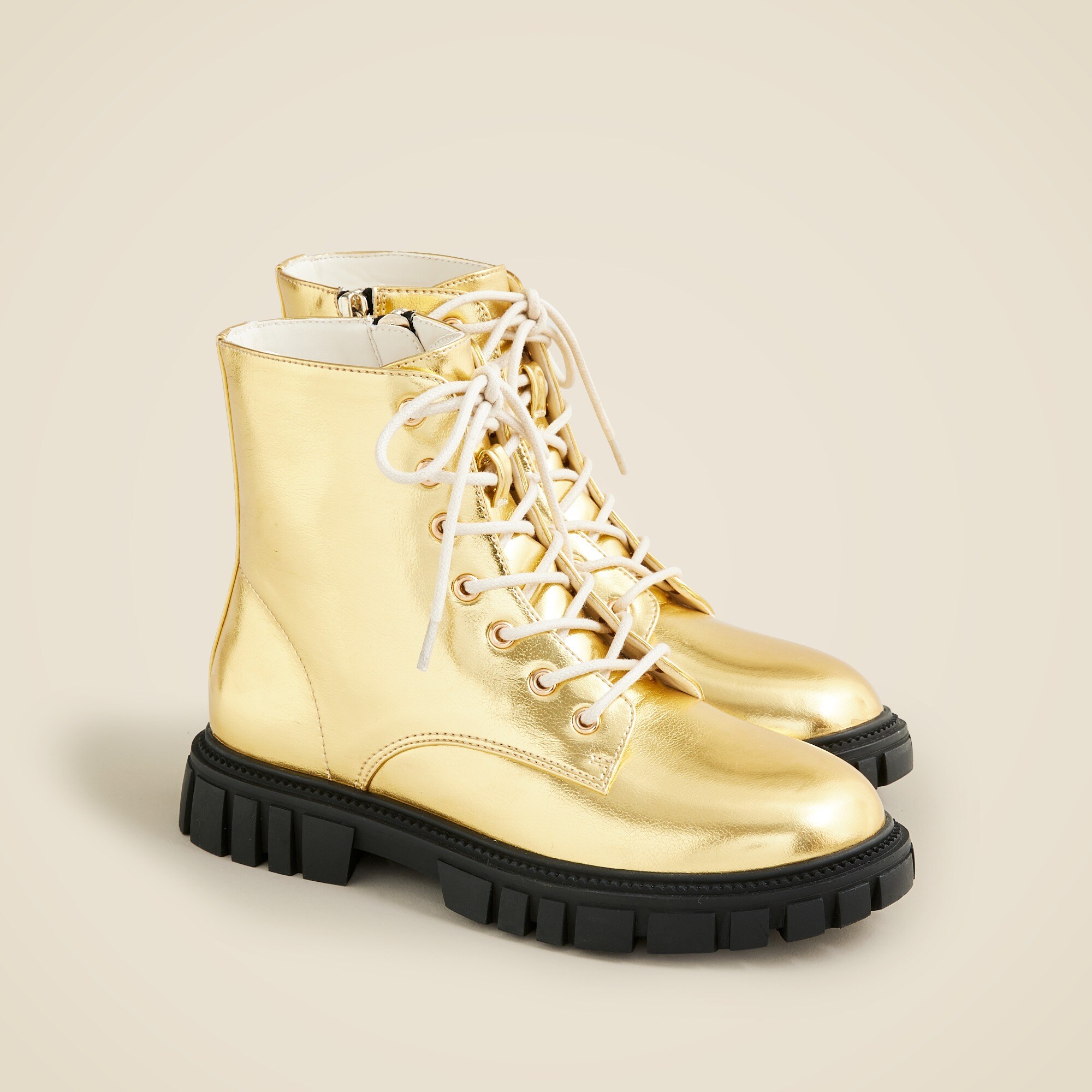 Girls' lace-up lug-sole boots in metallic