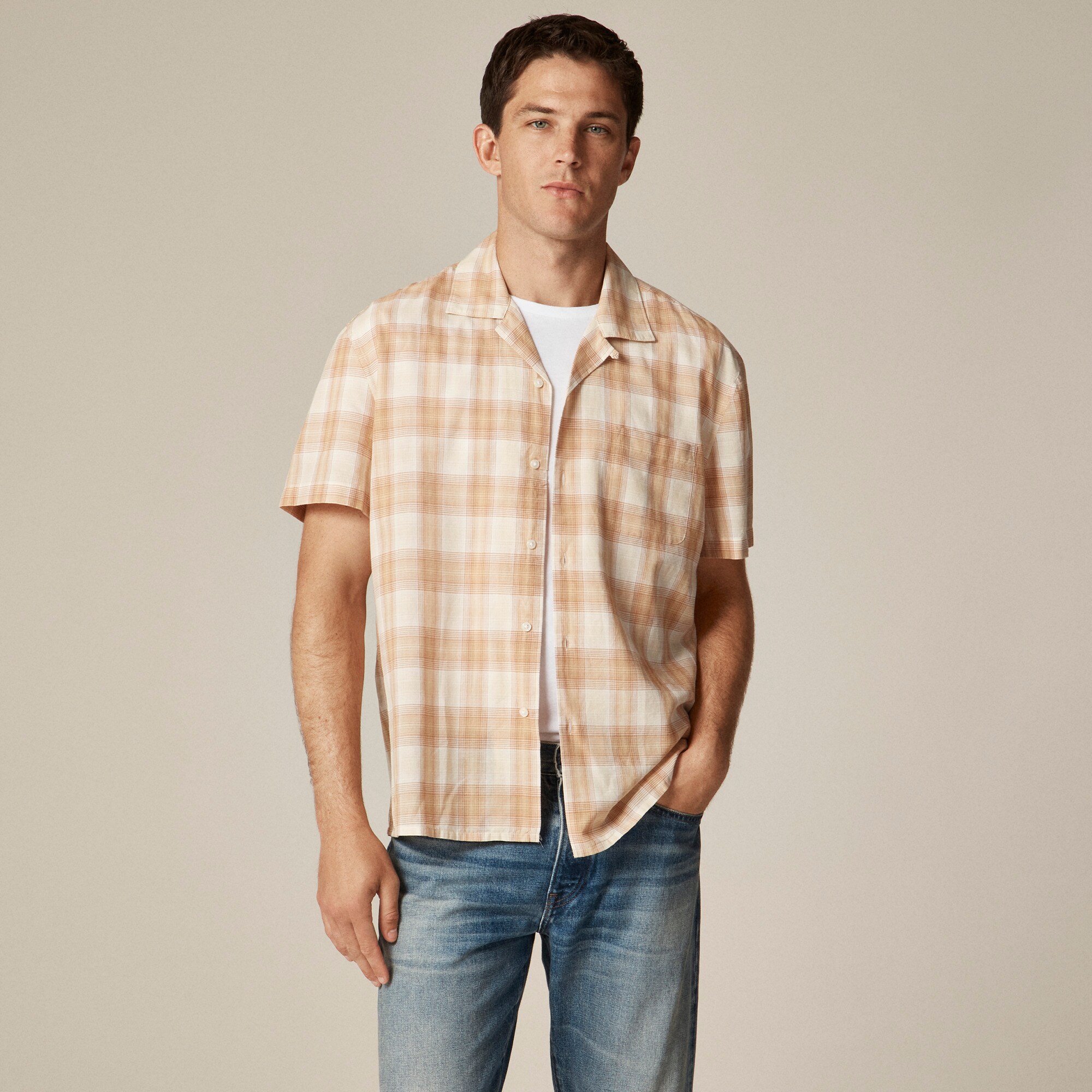 mens Short-sleeve cotton gauze camp-collar shirt