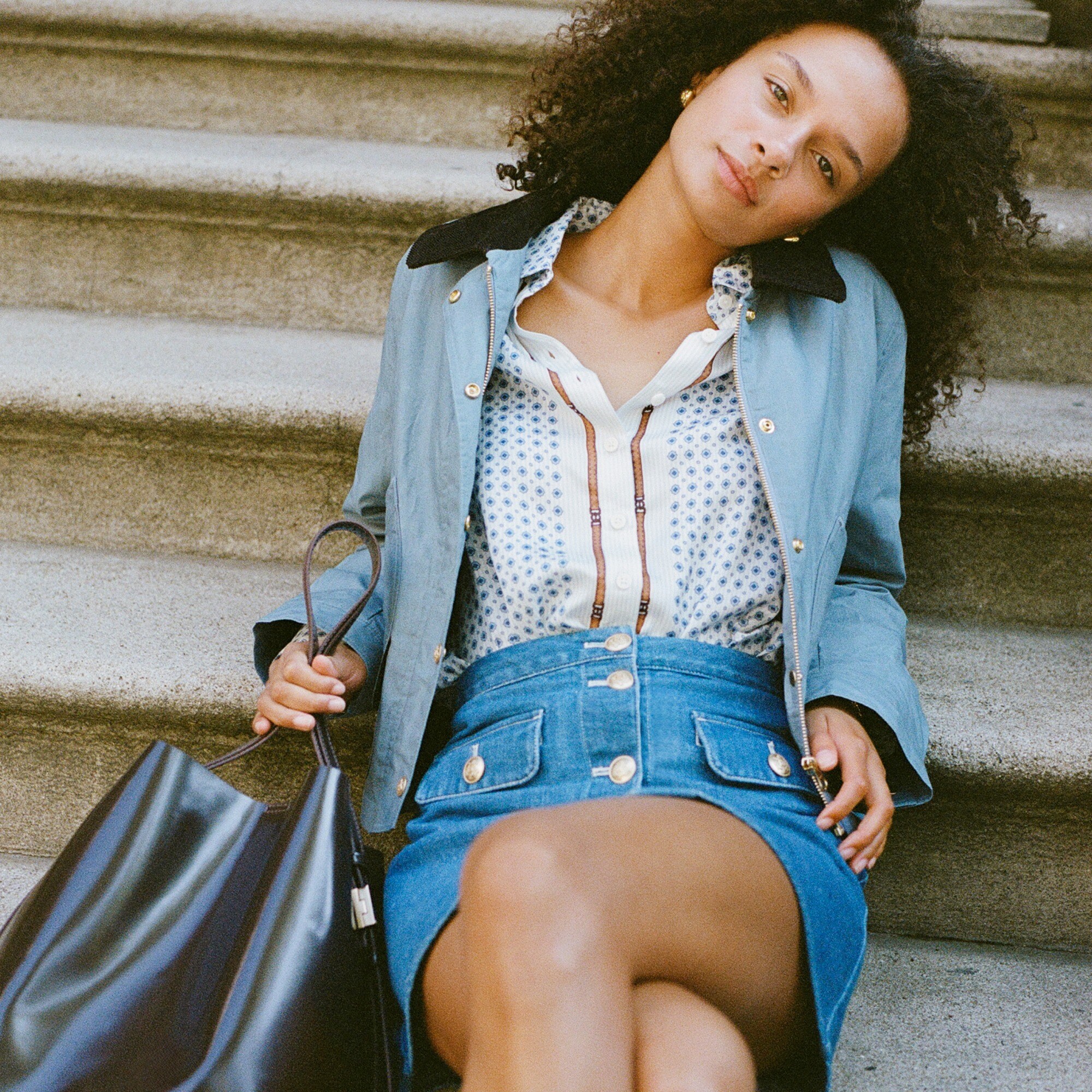 Button-front denim mini skirt