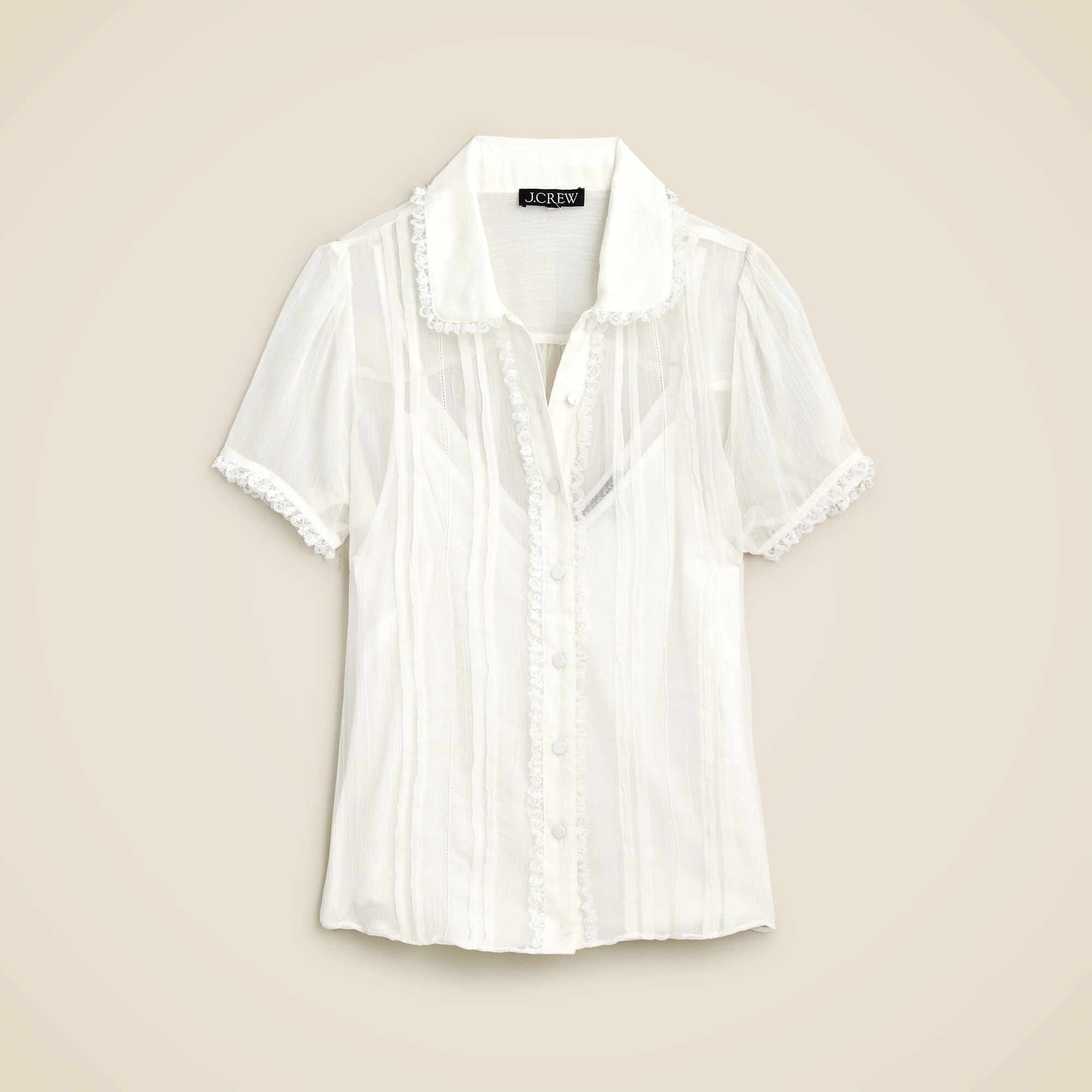 Sheer lace-trim button-up shirt