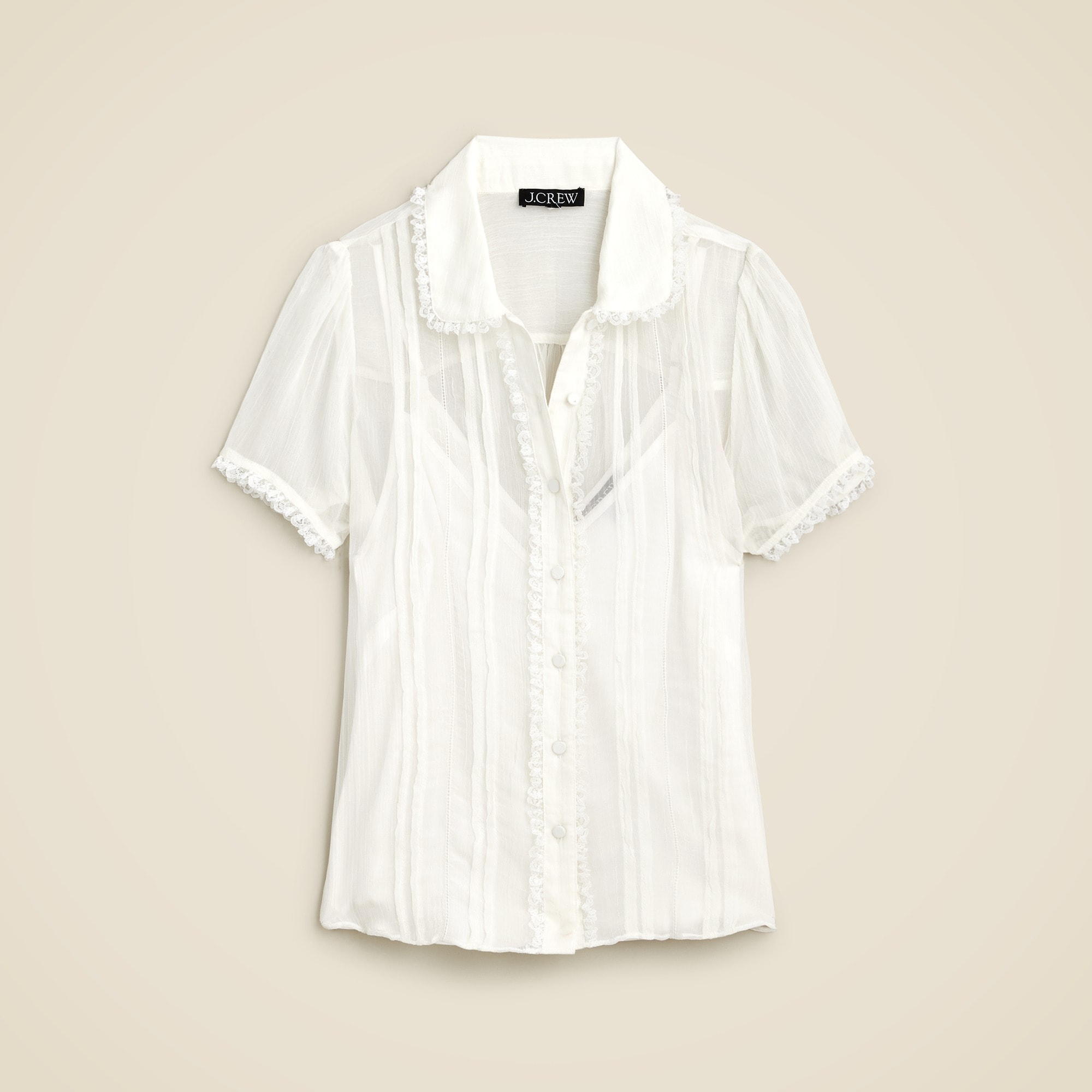 Sheer lace-trim button-up shirt