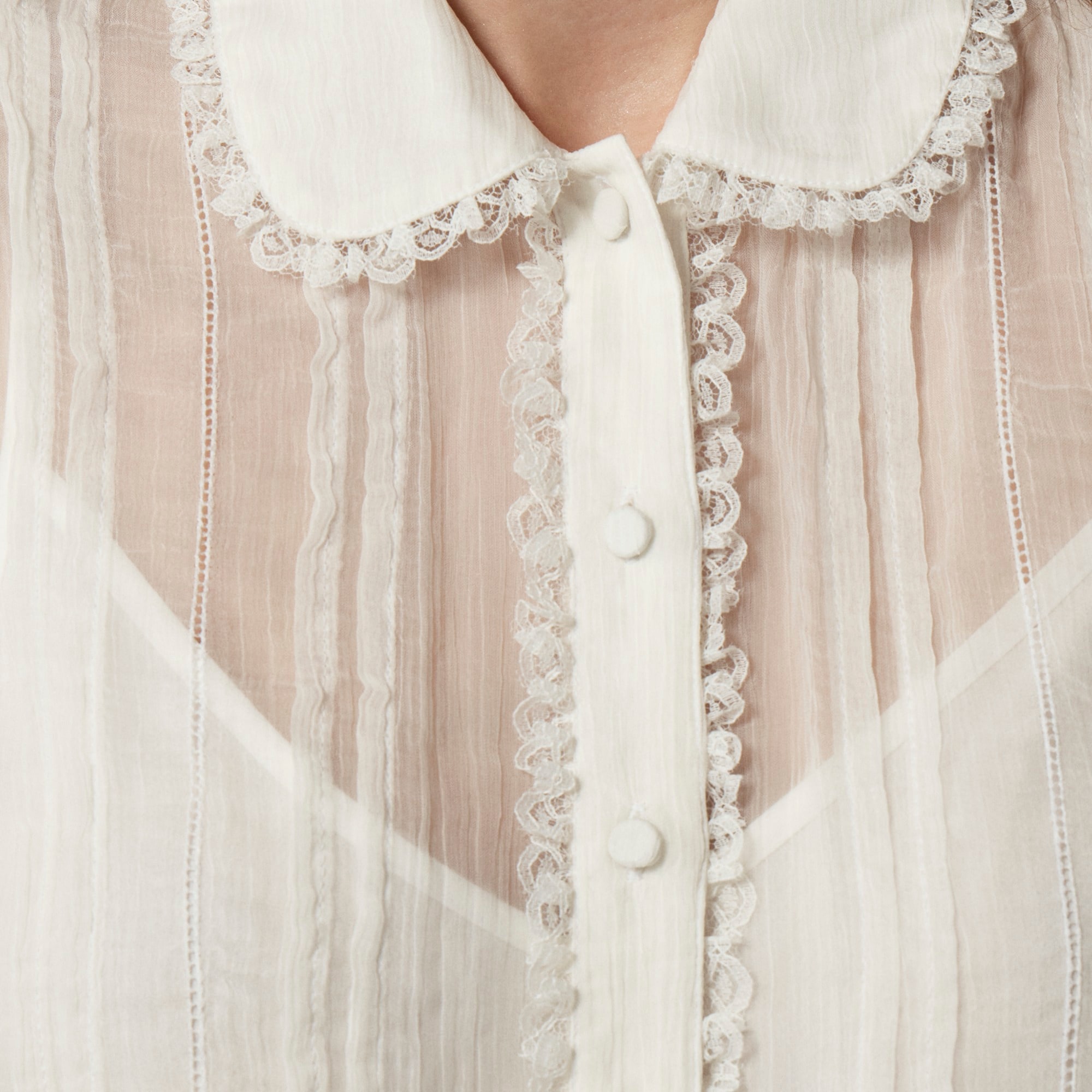 Sheer lace-trim button-up shirt