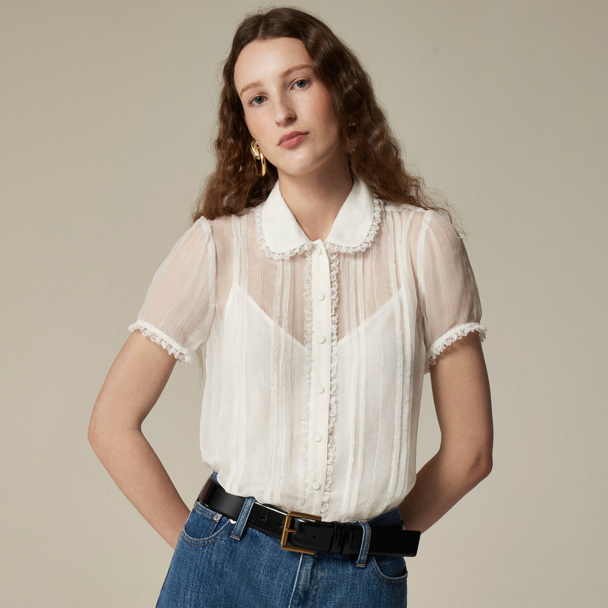 Sheer lace-trim button-up shirt