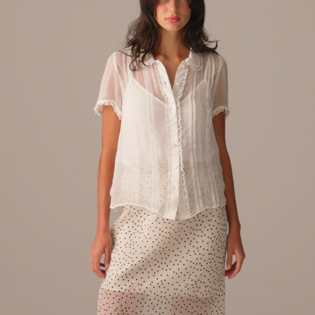 Sheer lace-trim button-up shirt