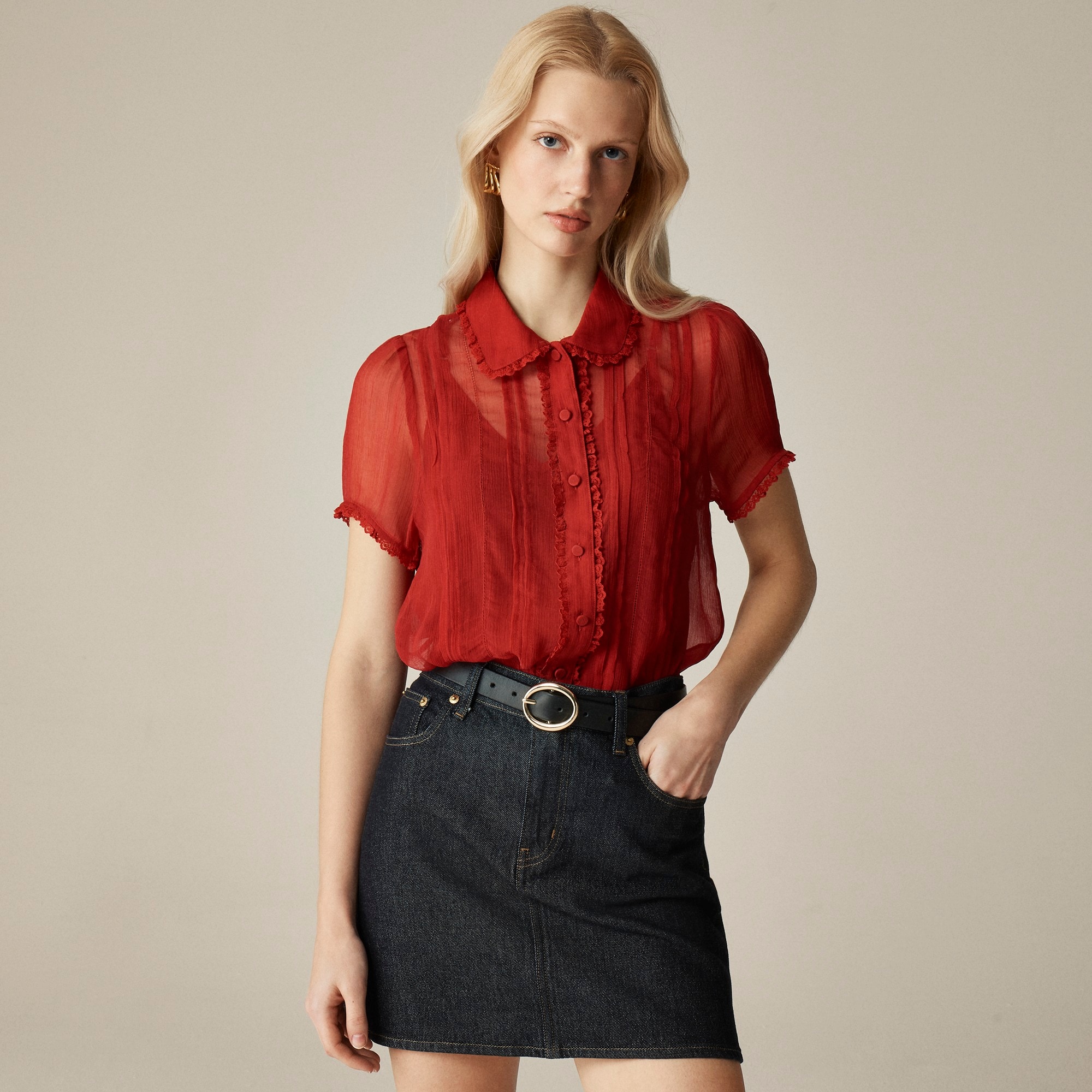 womens Sheer lace-trim button-up shirt