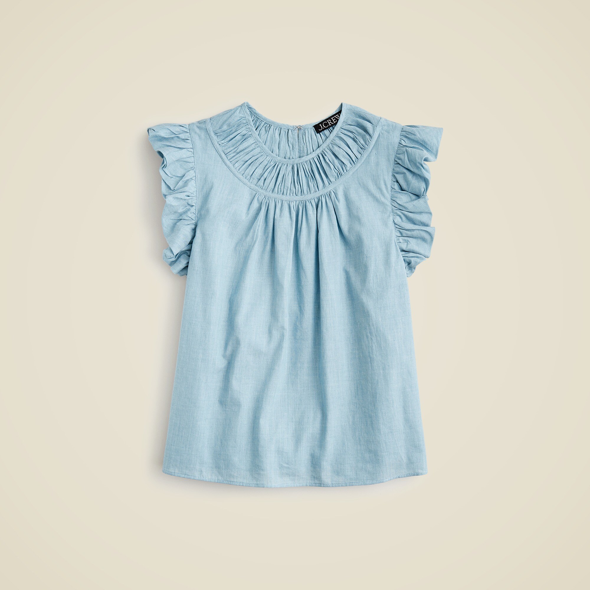 Gathered ruffle-sleeve top in cotton voile
