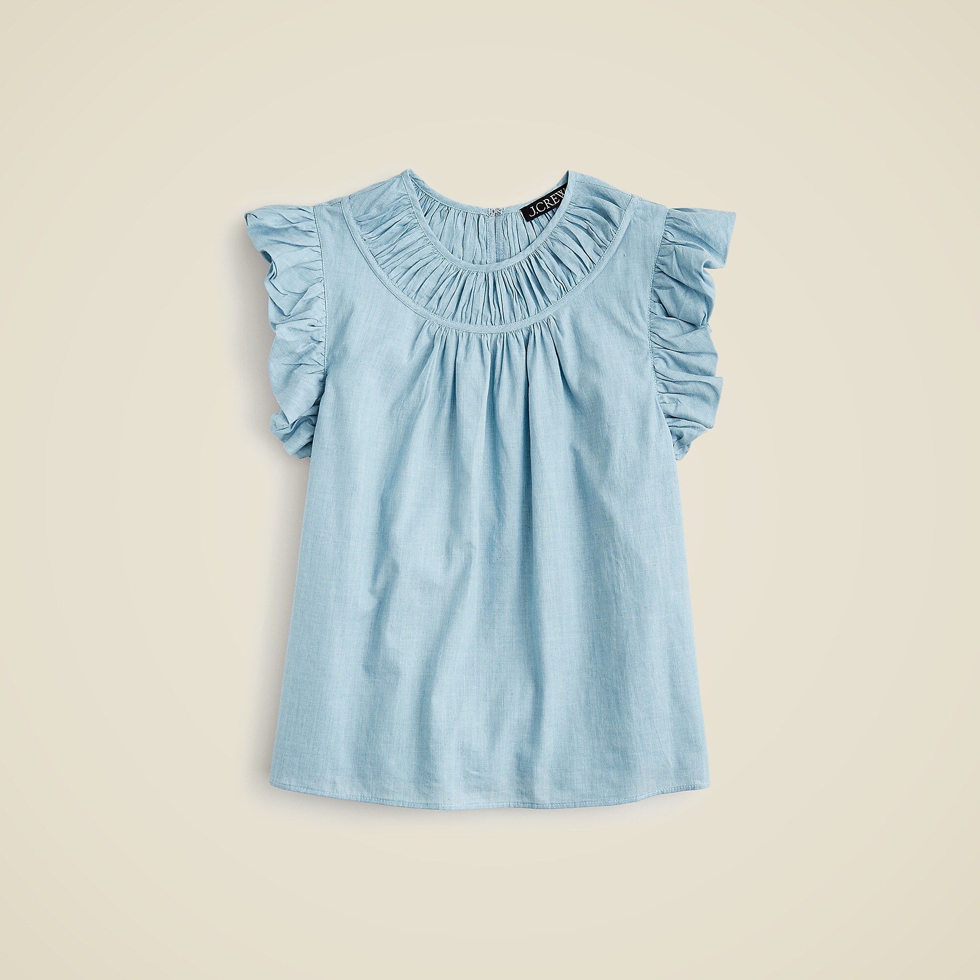 Gathered ruffle-sleeve top in cotton voile