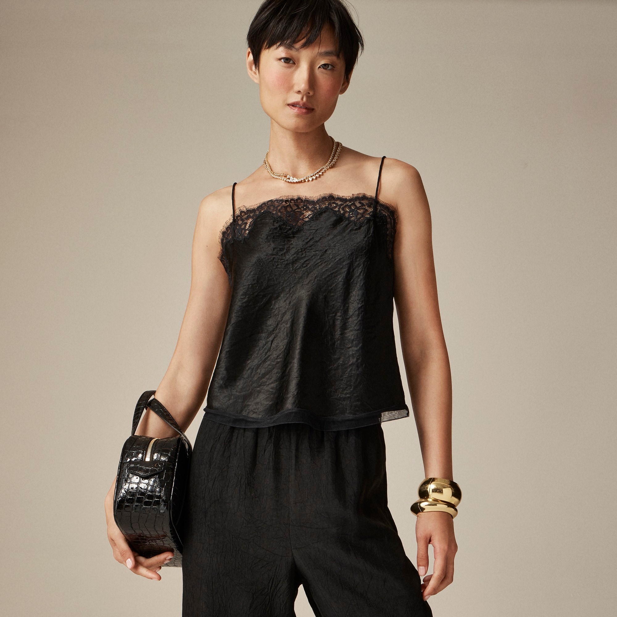 Lace-trim camisole top in textured satin